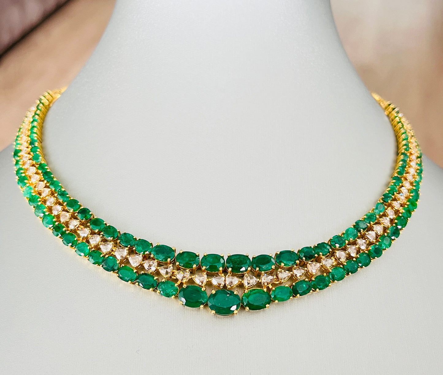 14k Gold Natural Zambian Emerald & Rose Cut Diamond Necklace - 32.97 Carats Emerald, 6.14 Carats Diamond Victorian Necklace