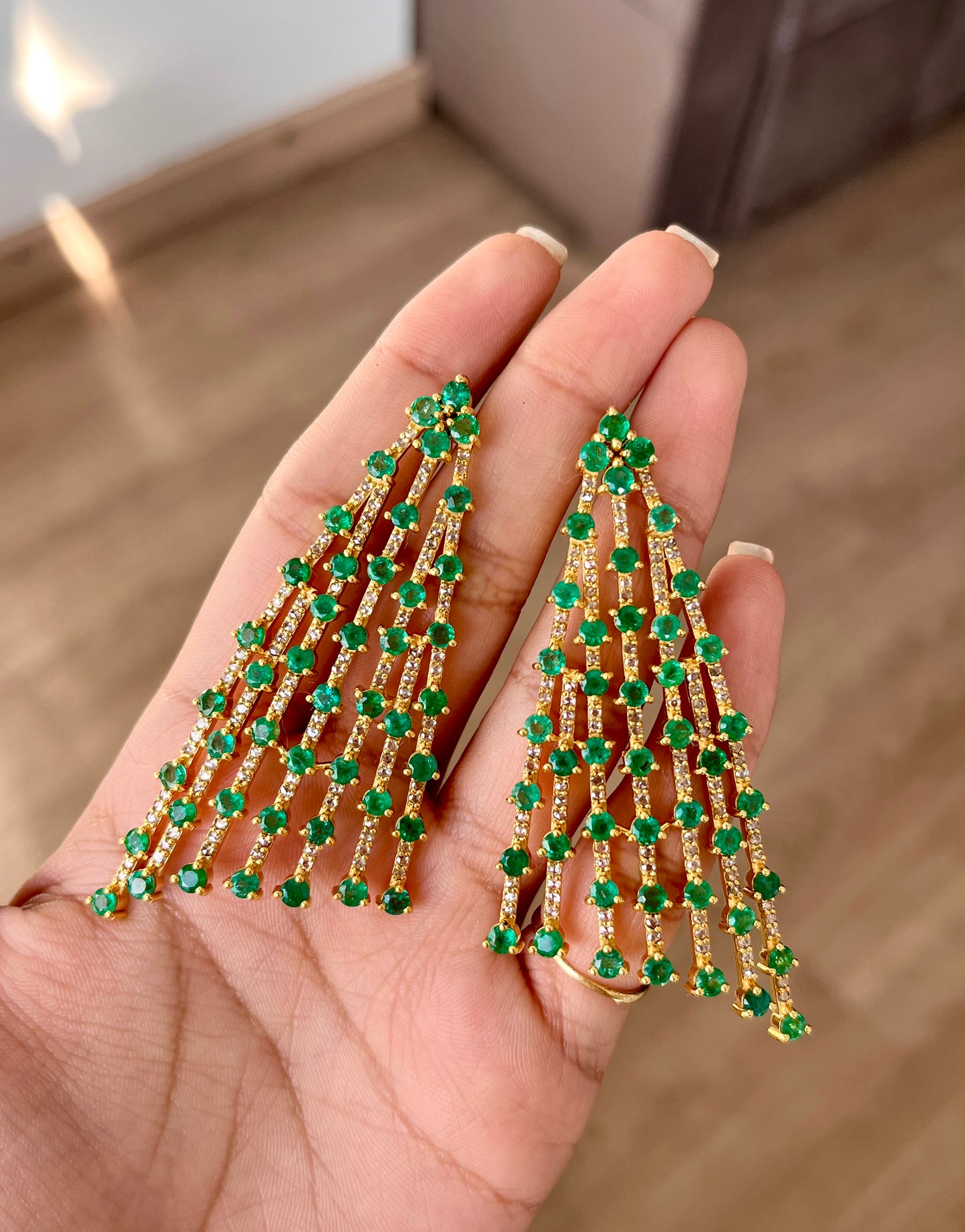 14k Gold Natural Zambian Emerald & Rose Cut Diamond Earrings - 11.41 Carats Emerald, 2.44 Carats Diamond Art Deco Earrings