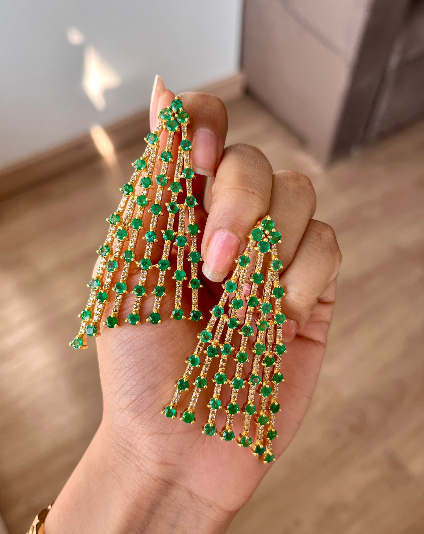 14k Gold Natural Zambian Emerald & Rose Cut Diamond Earrings - 11.41 Carats Emerald, 2.44 Carats Diamond Art Deco Earrings