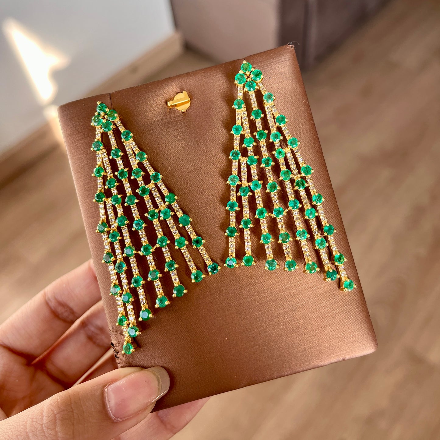 14k Gold Natural Zambian Emerald & Rose Cut Diamond Earrings - 11.41 Carats Emerald, 2.44 Carats Diamond Art Deco Earrings