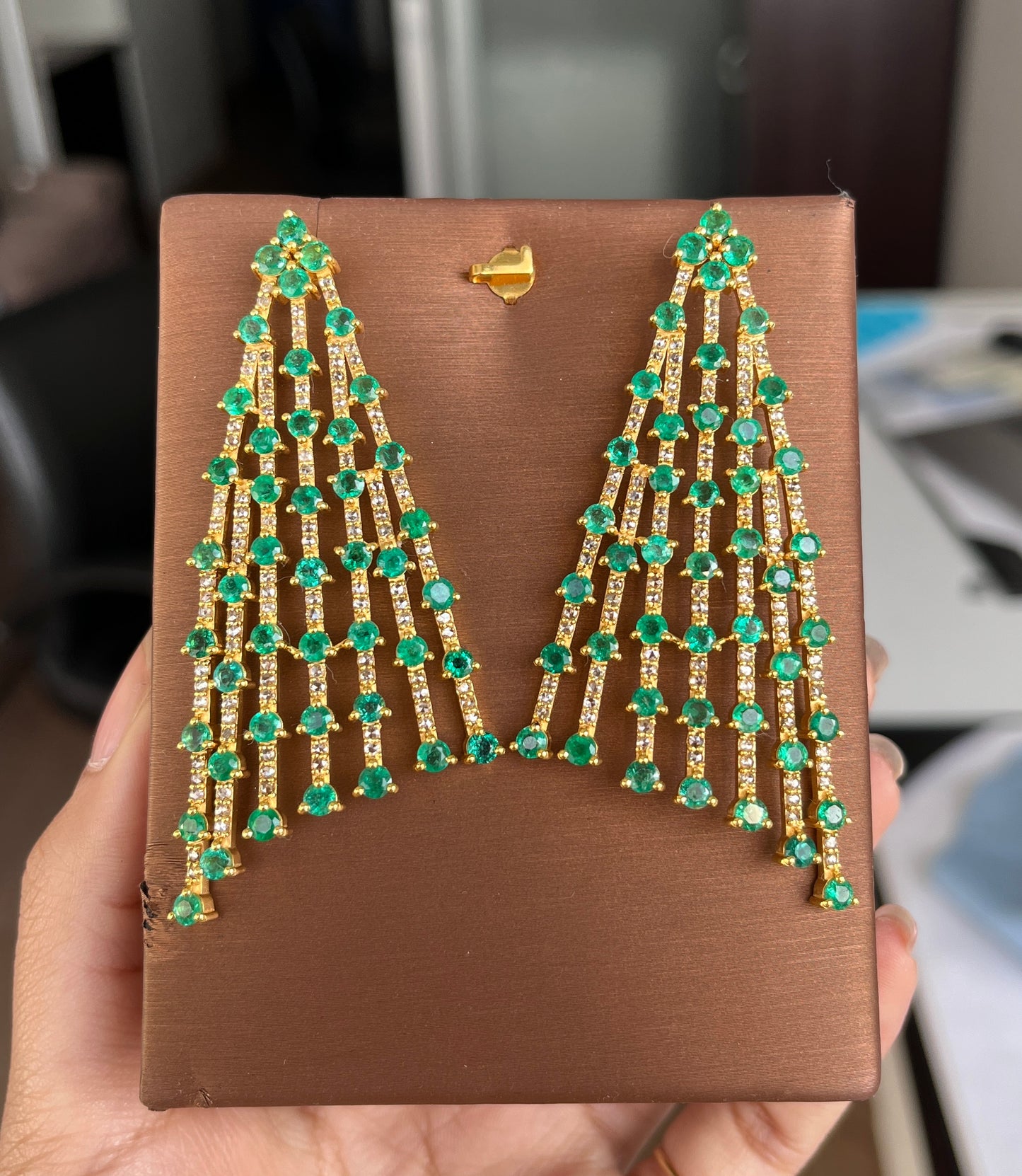 14k Gold Natural Zambian Emerald & Rose Cut Diamond Earrings - 11.41 Carats Emerald, 2.44 Carats Diamond Art Deco Earrings