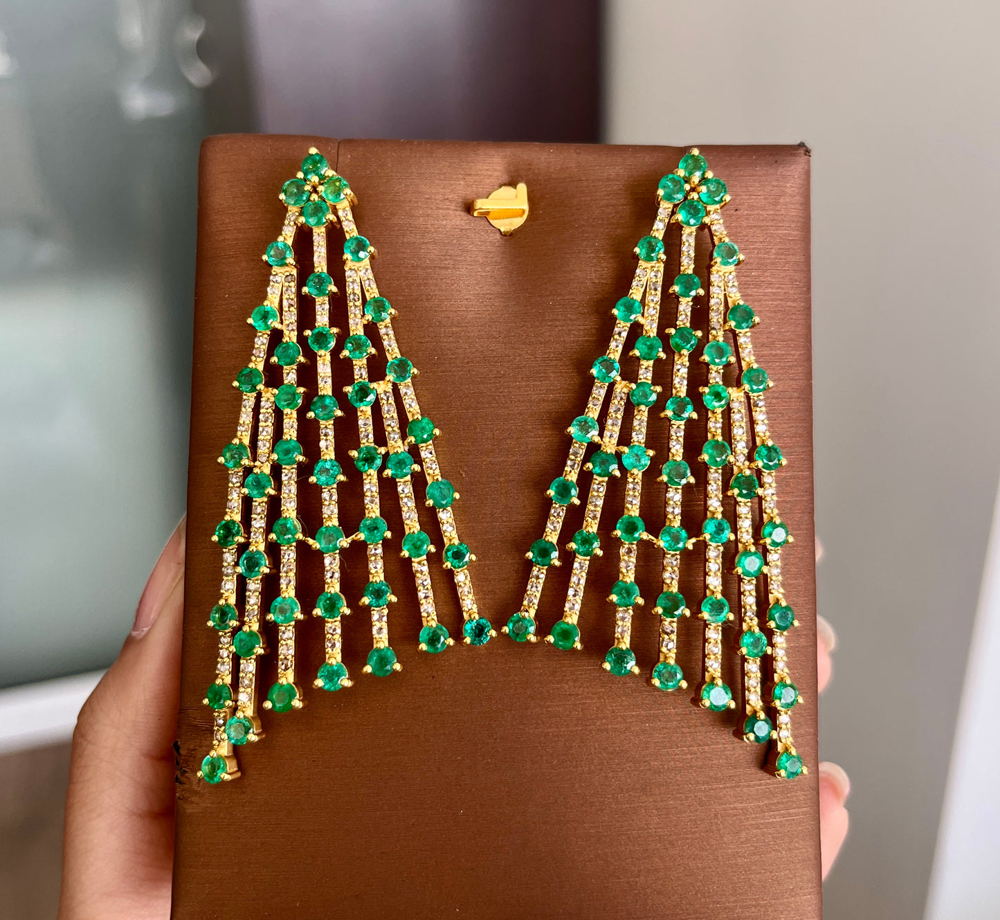14k Gold Natural Zambian Emerald & Rose Cut Diamond Earrings - 11.41 Carats Emerald, 2.44 Carats Diamond Art Deco Earrings