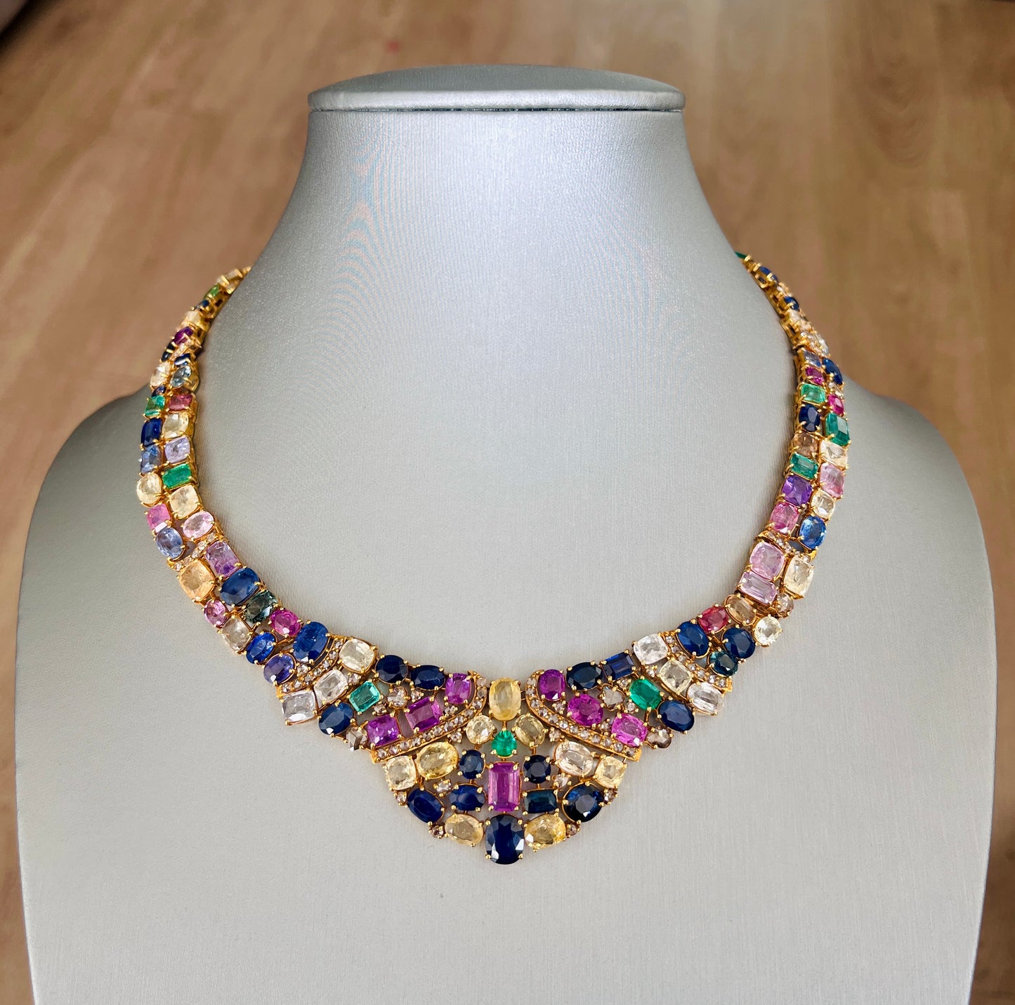 14k Gold Natural Sapphire, Emerald & Rose Cut Diamond Necklace - 96.25 Carats Sapphire, 7.36 Carats Emerald, 6.75 Carats Diamond Avant Garde Necklace