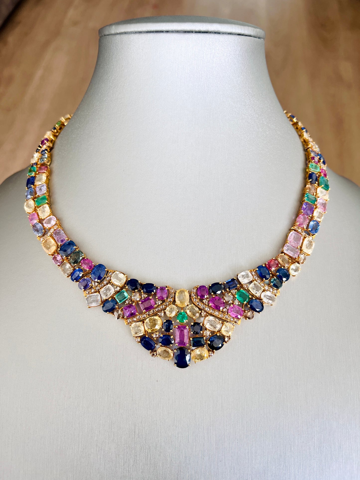 14k Gold Natural Sapphire, Emerald & Rose Cut Diamond Necklace - 96.25 Carats Sapphire, 7.36 Carats Emerald, 6.75 Carats Diamond Avant Garde Necklace