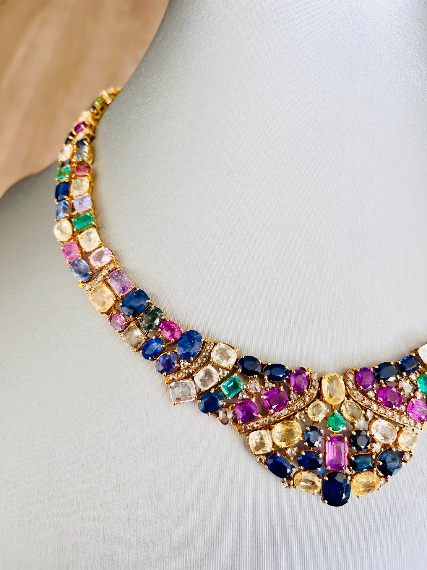14k Gold Natural Sapphire, Emerald & Rose Cut Diamond Necklace - 96.25 Carats Sapphire, 7.36 Carats Emerald, 6.75 Carats Diamond Avant Garde Necklace