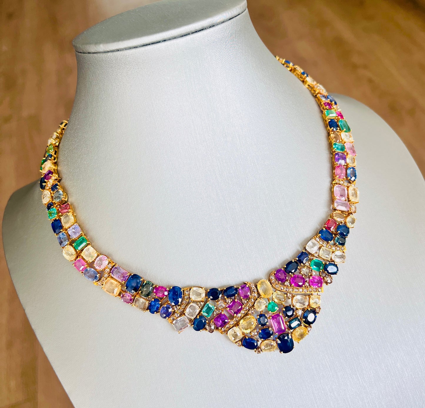 14k Gold Natural Sapphire, Emerald & Rose Cut Diamond Necklace - 96.25 Carats Sapphire, 7.36 Carats Emerald, 6.75 Carats Diamond Avant Garde Necklace