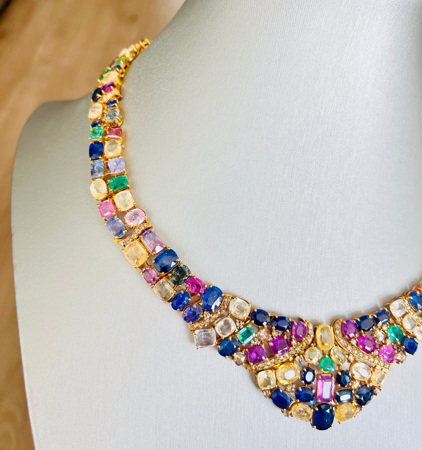 14k Gold Natural Sapphire, Emerald & Rose Cut Diamond Necklace - 96.25 Carats Sapphire, 7.36 Carats Emerald, 6.75 Carats Diamond Avant Garde Necklace