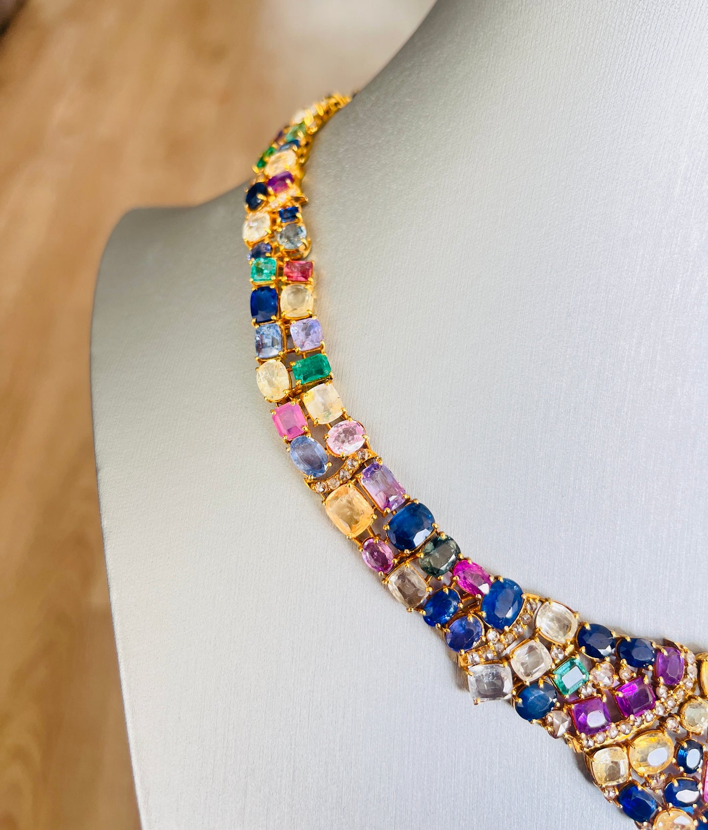 14k Gold Natural Sapphire, Emerald & Rose Cut Diamond Necklace - 96.25 Carats Sapphire, 7.36 Carats Emerald, 6.75 Carats Diamond Avant Garde Necklace