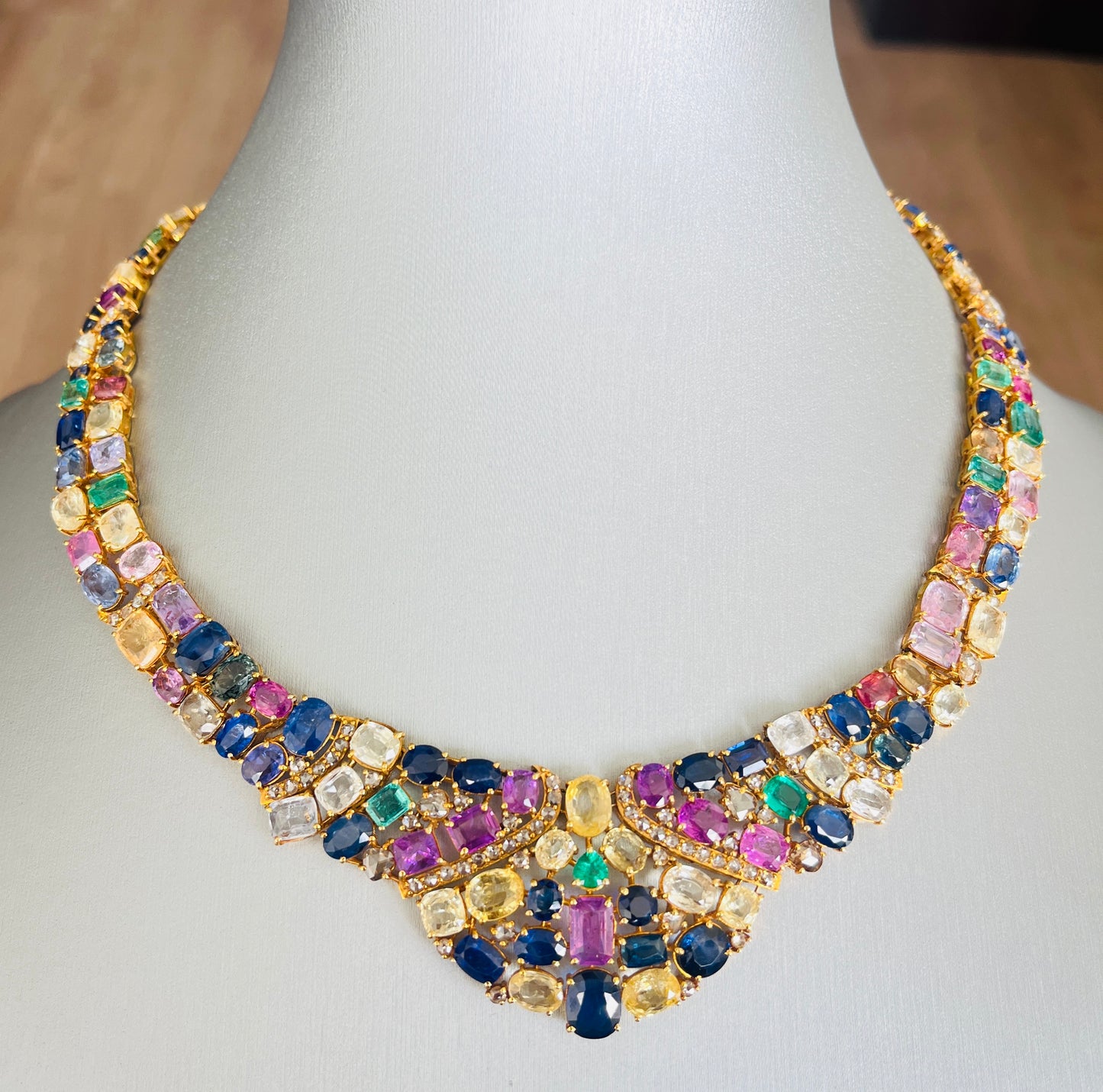 14k Gold Natural Sapphire, Emerald & Rose Cut Diamond Necklace - 96.25 Carats Sapphire, 7.36 Carats Emerald, 6.75 Carats Diamond Avant Garde Necklace