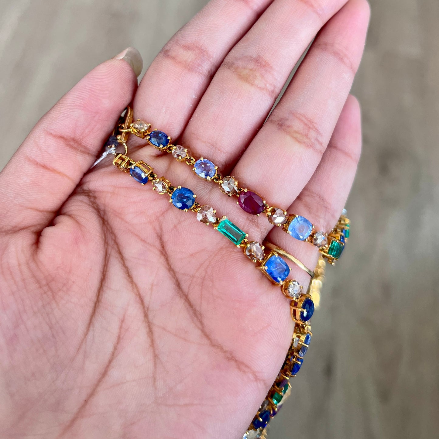 14k Gold Natural Sapphire, Emerald & Rose Cut Diamond Necklace - 96.25 Carats Sapphire, 7.36 Carats Emerald, 6.75 Carats Diamond Avant Garde Necklace