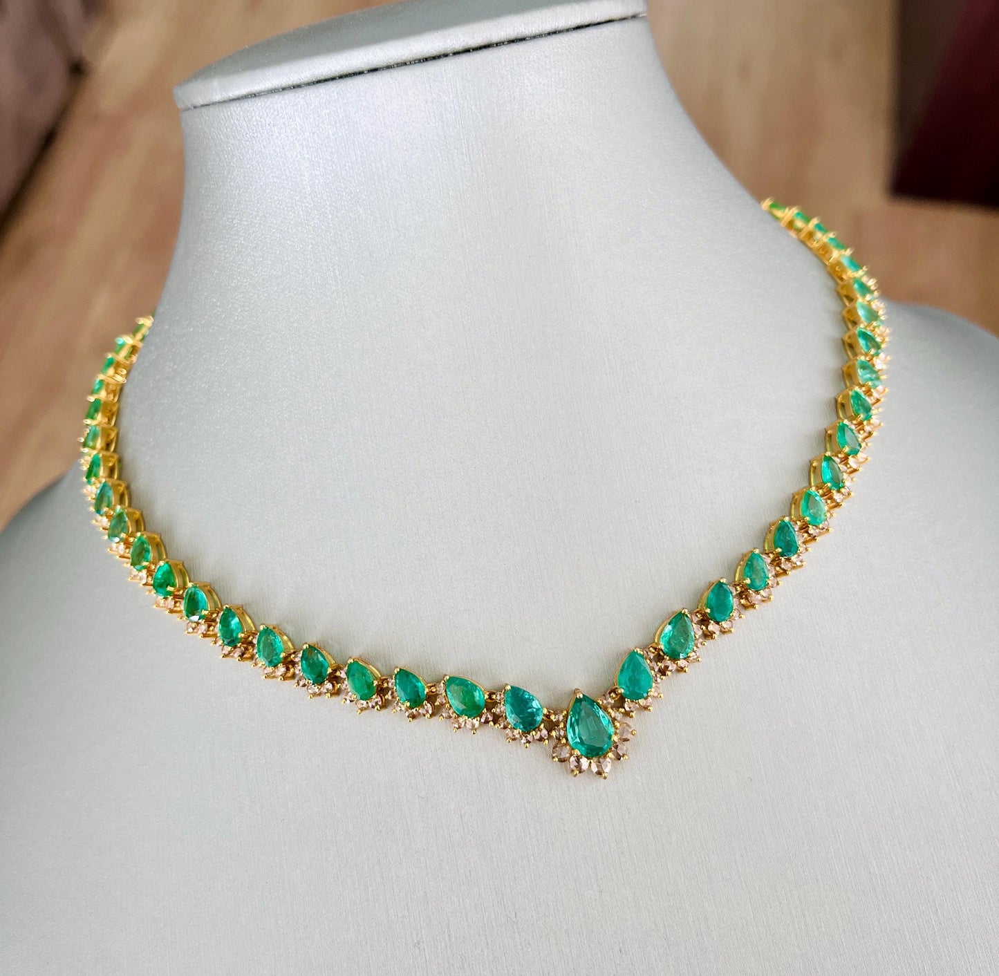 14k Gold Natural Zambian Emerald & Rose Cut Diamond Necklace - 15.74 Carats Emerald, 4.18 Carats Diamond Victorian Necklace