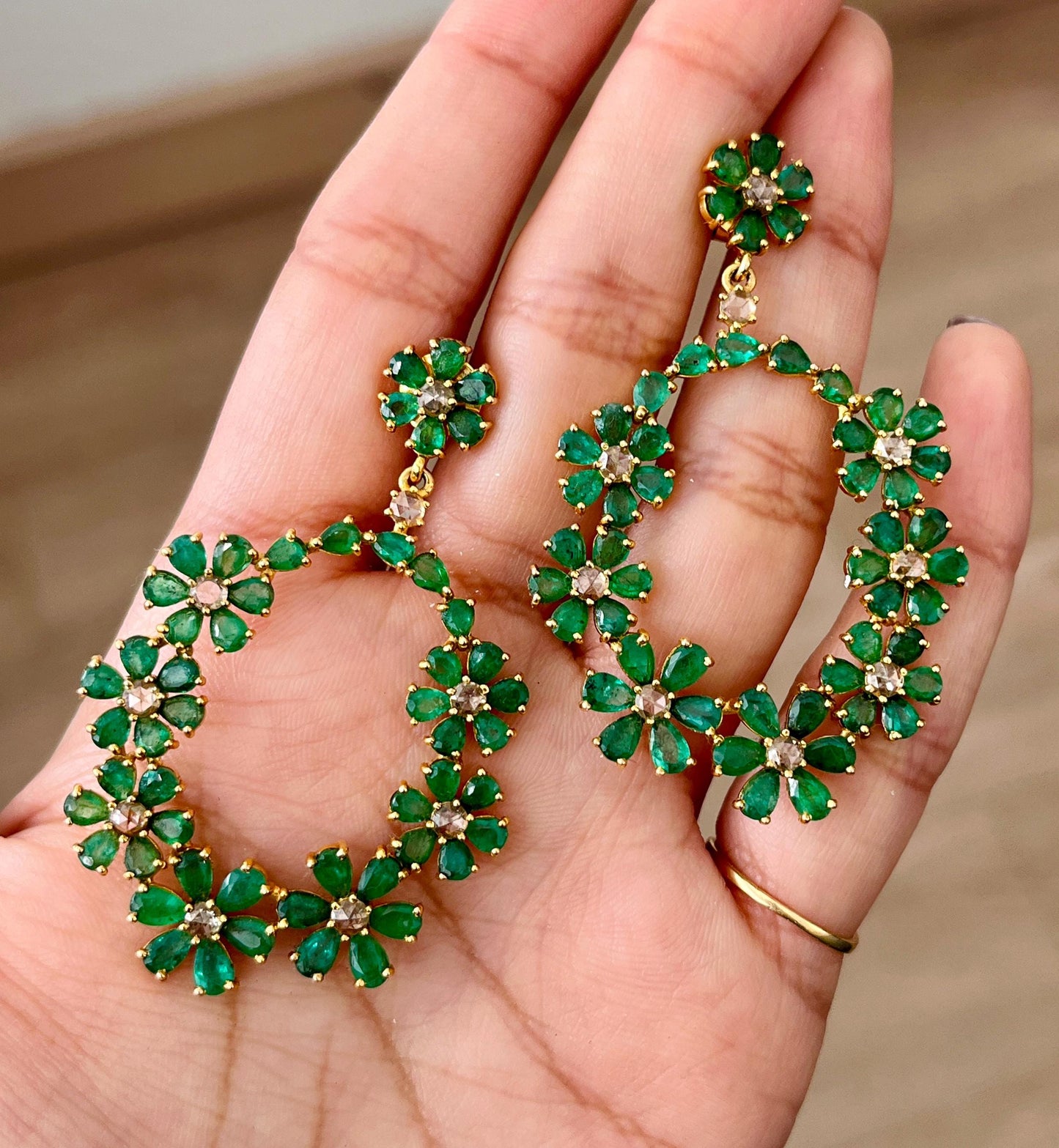14k Gold Natural Zambian Emerald & Rose Cut Diamond Earrings - 15.62 Carats Emerald, 1.54 Carats Diamond Victorian Hoop Earrings