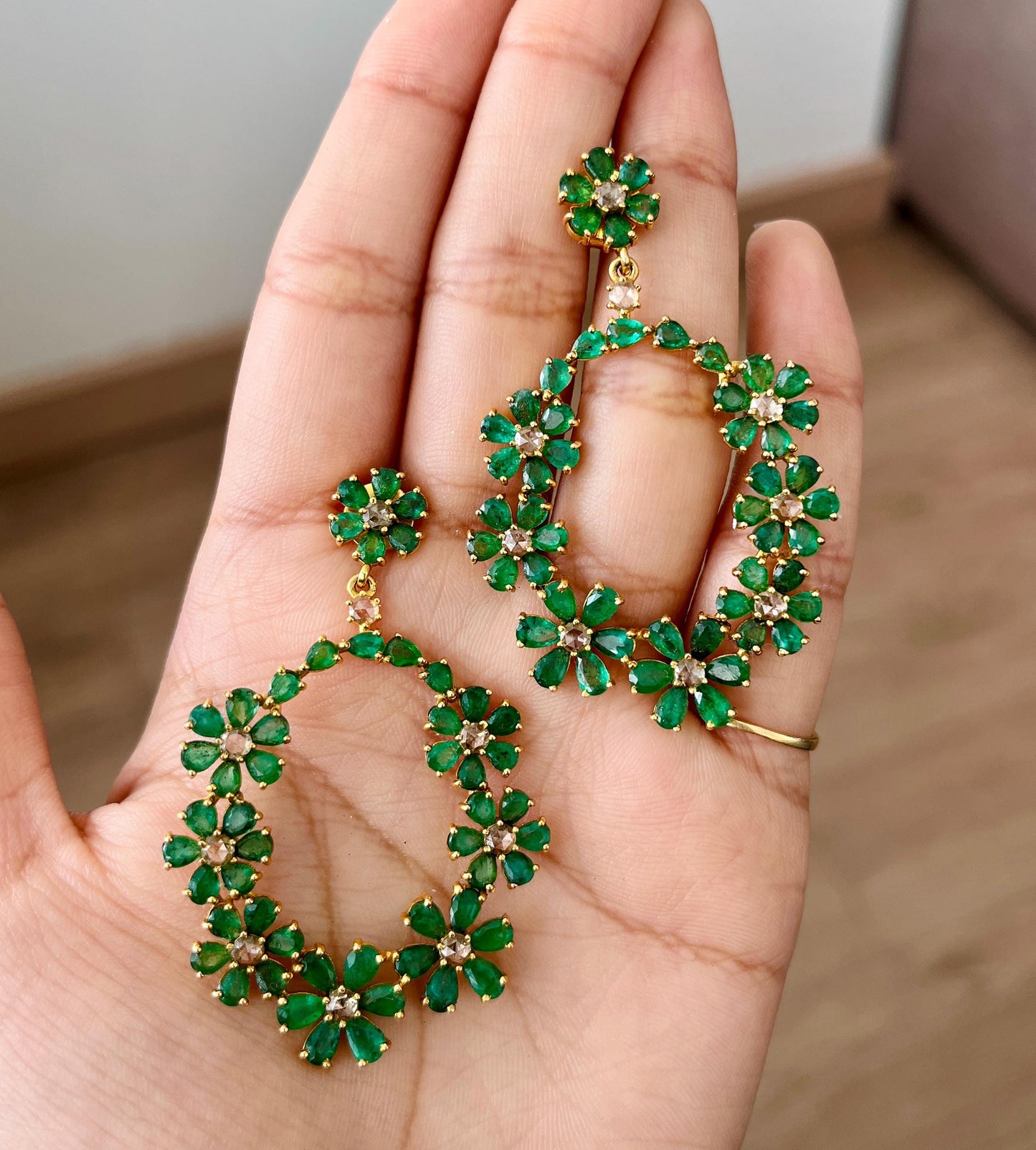 14k Gold Natural Zambian Emerald & Rose Cut Diamond Earrings - 15.62 Carats Emerald, 1.54 Carats Diamond Victorian Hoop Earrings