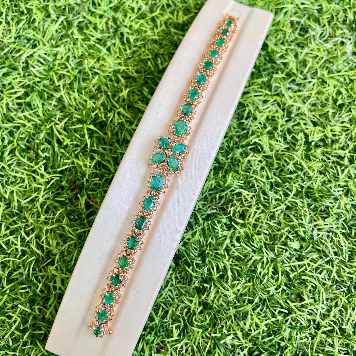 14k Gold Natural Zambian Emerald & Rose Cut Diamond Bracelet - 9.4 Carats Emerald, 4.35 Carats Diamond Art Deco Bracelet