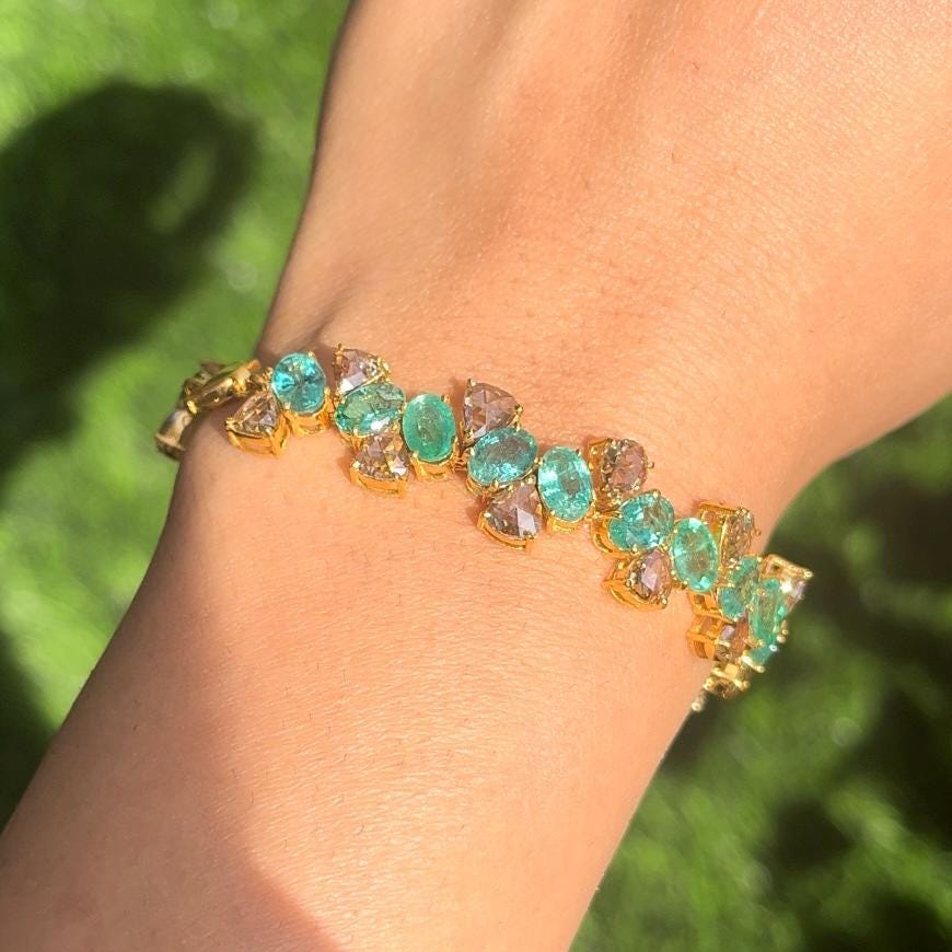 14k Gold Natural Zambian Emerald & Rose Cut Diamond Bracelet - 11.93 Carats Emerald, 6.75 Carats Diamond Victorian Bracelet