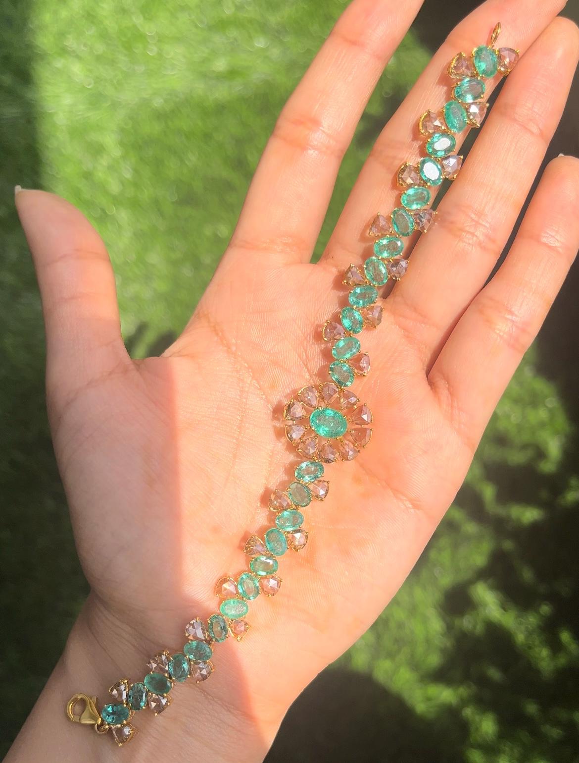 14k Gold Natural Zambian Emerald & Rose Cut Diamond Bracelet - 11.93 Carats Emerald, 6.75 Carats Diamond Victorian Bracelet
