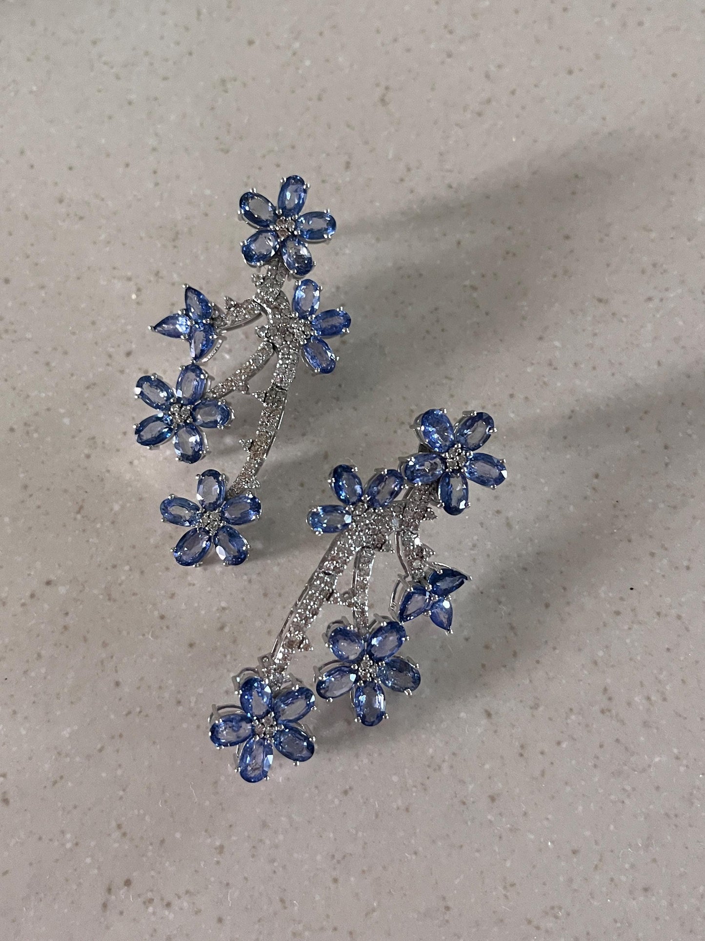 14k Gold Natural Blue Sapphire & Diamond Earrings - 21.48 Carats Sapphire, 1.83 Carats Diamond Art Nouveau Earrings