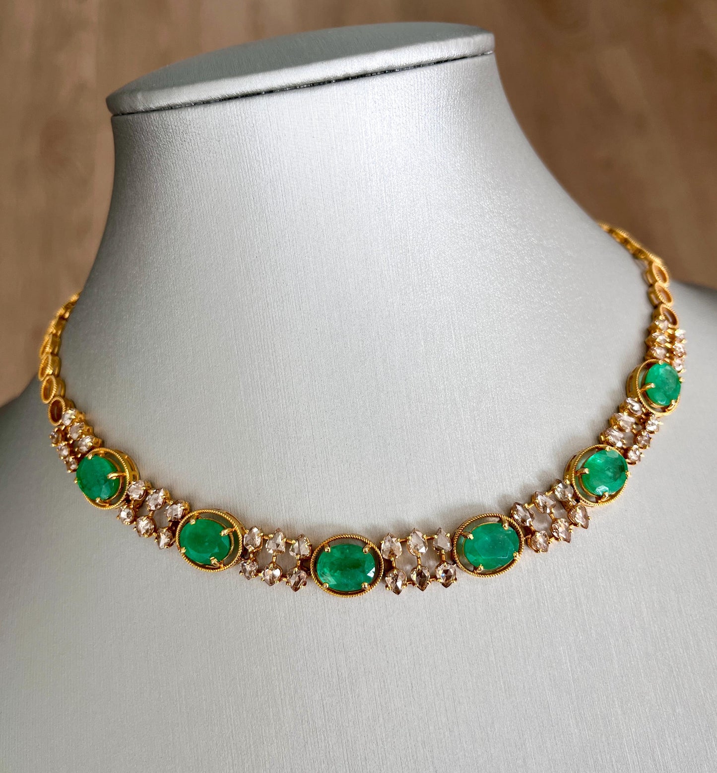 14k Gold Natural Zambian Emerald & Rose Cut Diamond Necklace - 15.41 Carats Emerald, 5.68 Carats Diamond Victorian Necklace