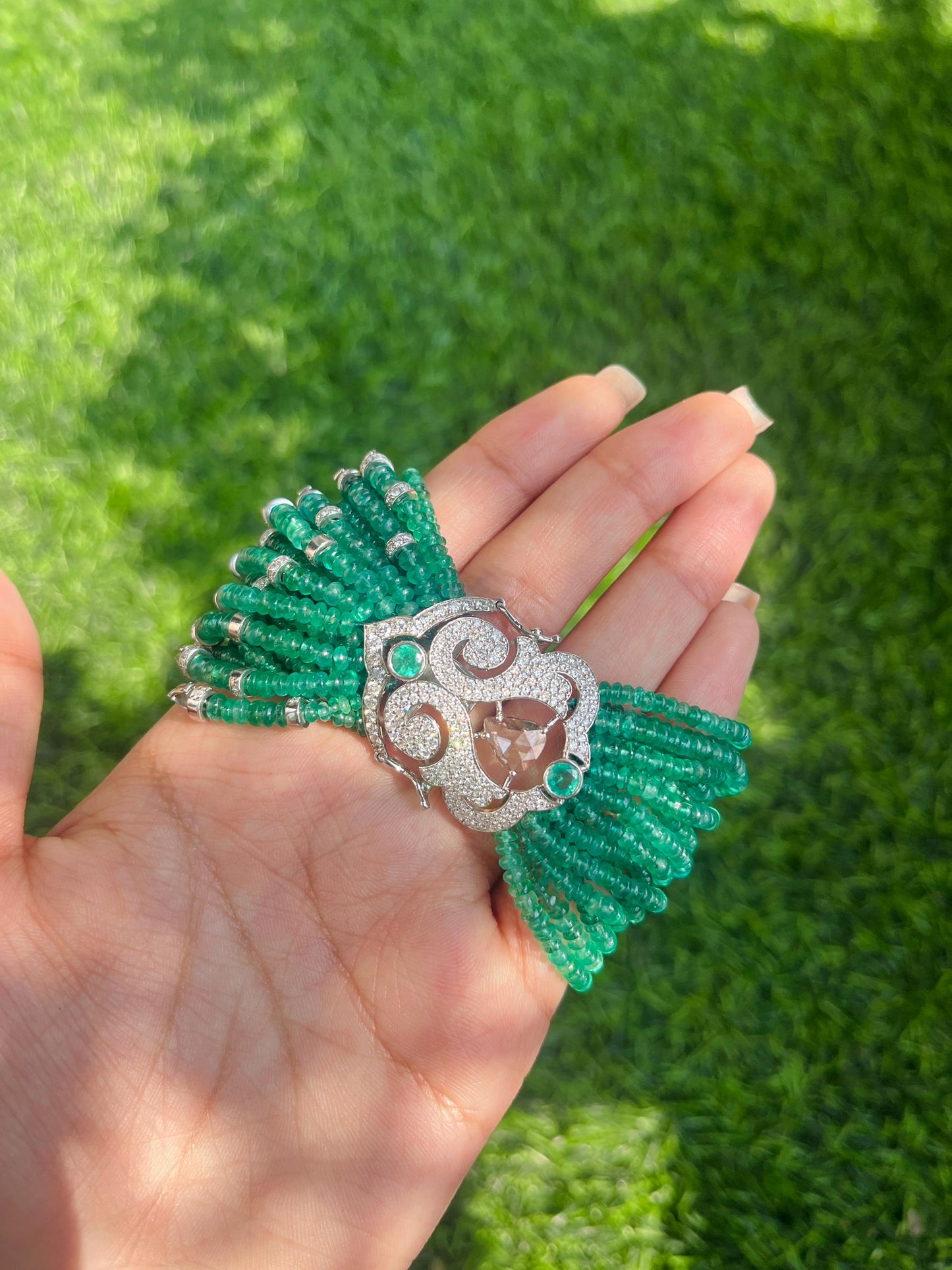 14k Gold Natural Zambian Emerald & Diamond Bracelet - 185.1 Carats Emerald, 5.97 Carats Diamond Victorian Beaded Bracelet