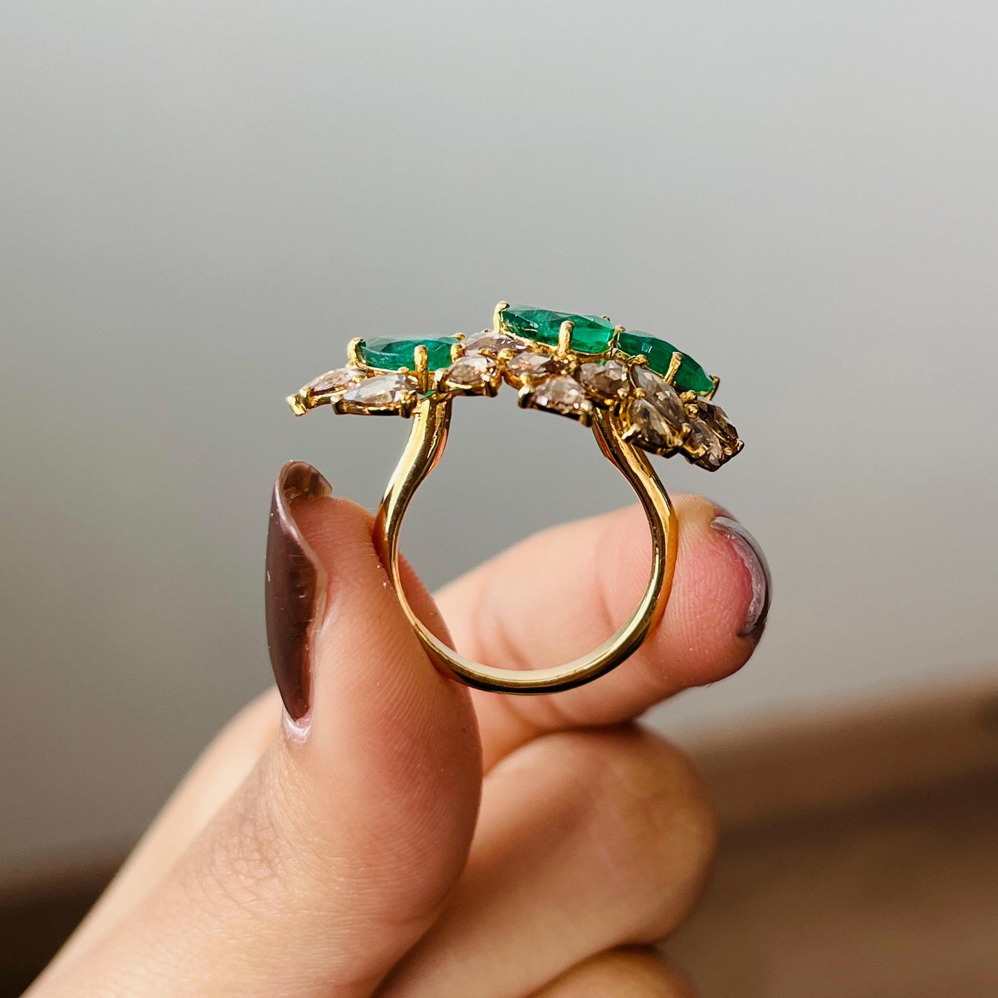 14k Gold Natural Zambian Emerald & Rose Cut Diamond Ring - 3.01 Carats Emerald, 2.1 Carats Diamond Victorian Ring