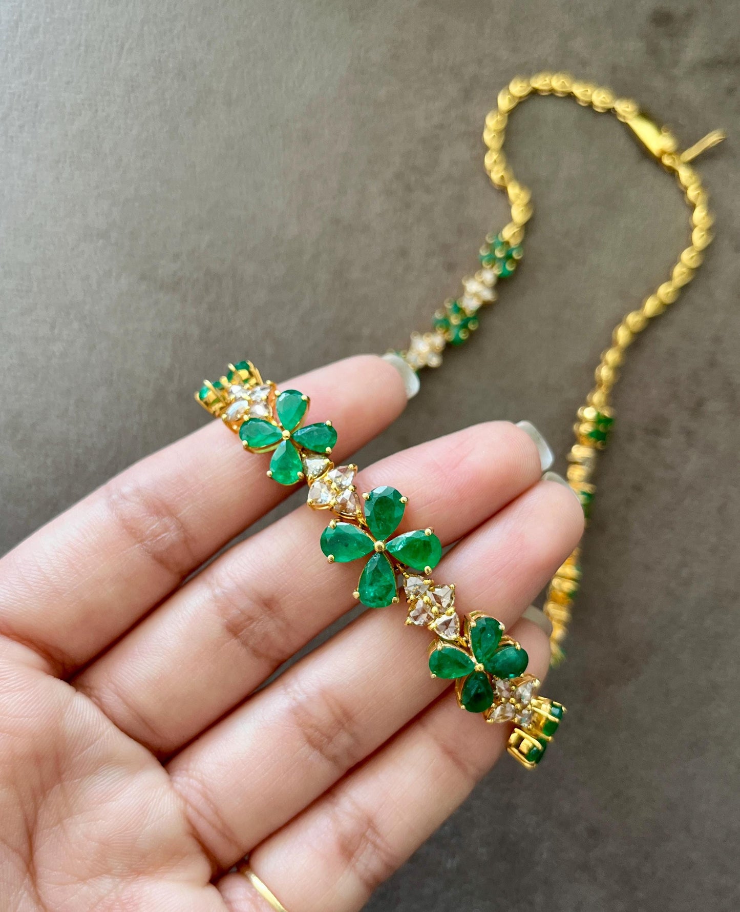 14k Gold Natural Zambian Emerald & Rose Cut Diamond Necklace - 15.6 Carats Emerald, 6.47 Carats Diamond Victorian Necklace