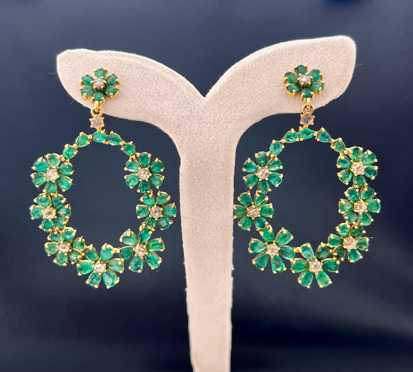 14k Gold Natural Zambian Emerald & Rose Cut Diamond Earrings - 15.62 Carats Emerald, 1.54 Carats Diamond Victorian Hoop Earrings