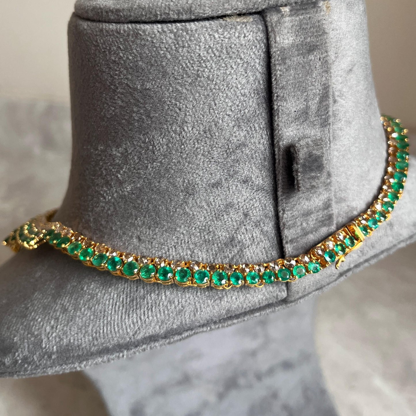 14k Gold Natural Zambian Emerald & Rose Cut Diamond Necklace - 50.6 Carats Emerald, 21.43 Carats Diamond Victorian Necklace