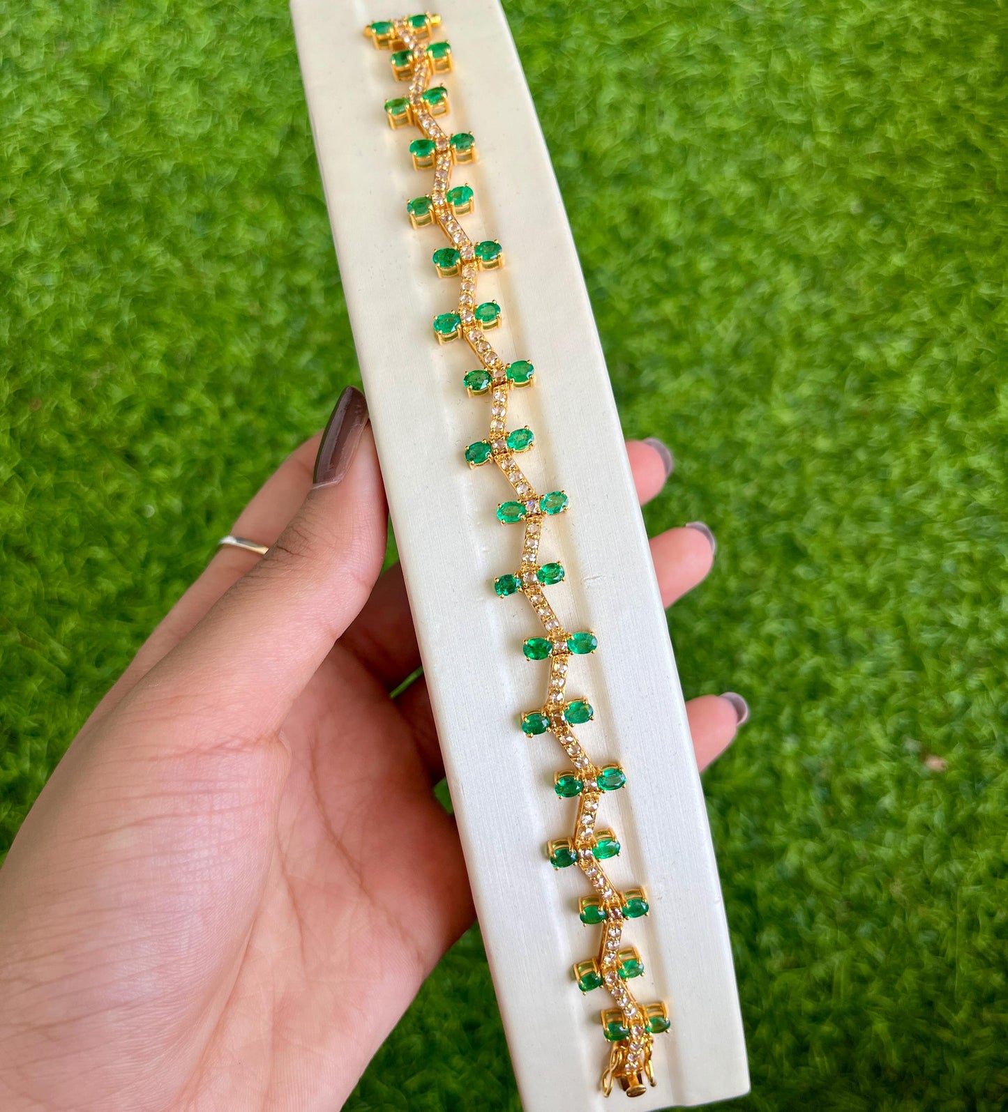 14k Gold Natural Zambian Emerald & Rose Cut Diamond Bracelet - 5.8 Carats Emerald, 1.82 Carats Diamond Art Deco Bracelet