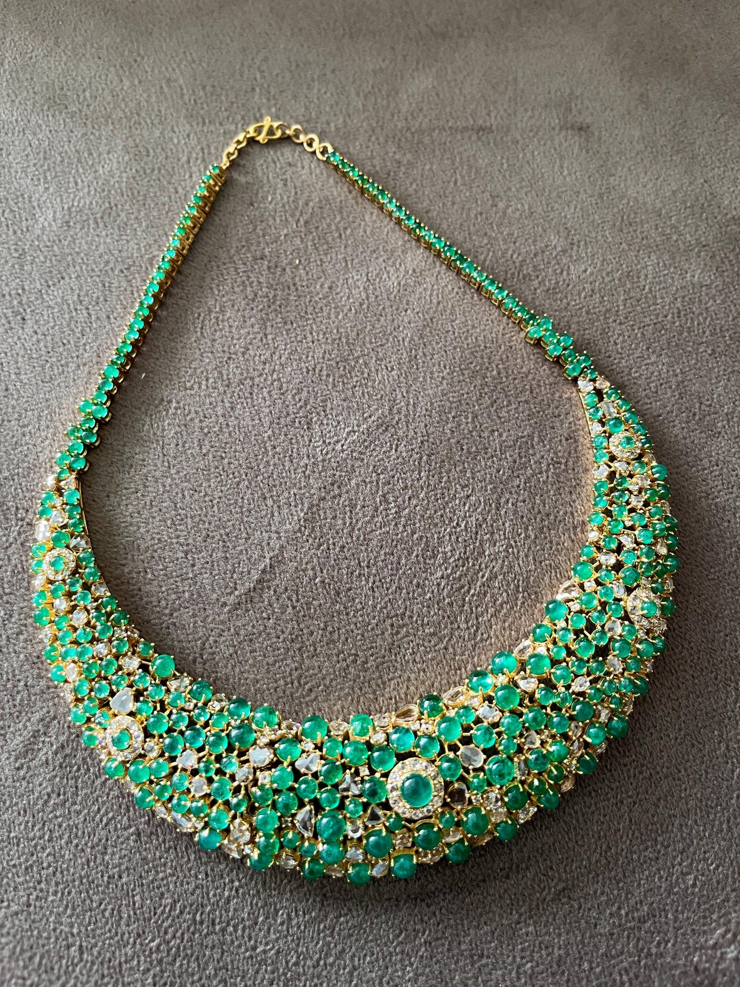 14k Gold Natural Zambian Emerald & Rose Cut Diamond Necklace - 56.43 Carats Emerald, 12.18 Carats Diamond Victorian Necklace