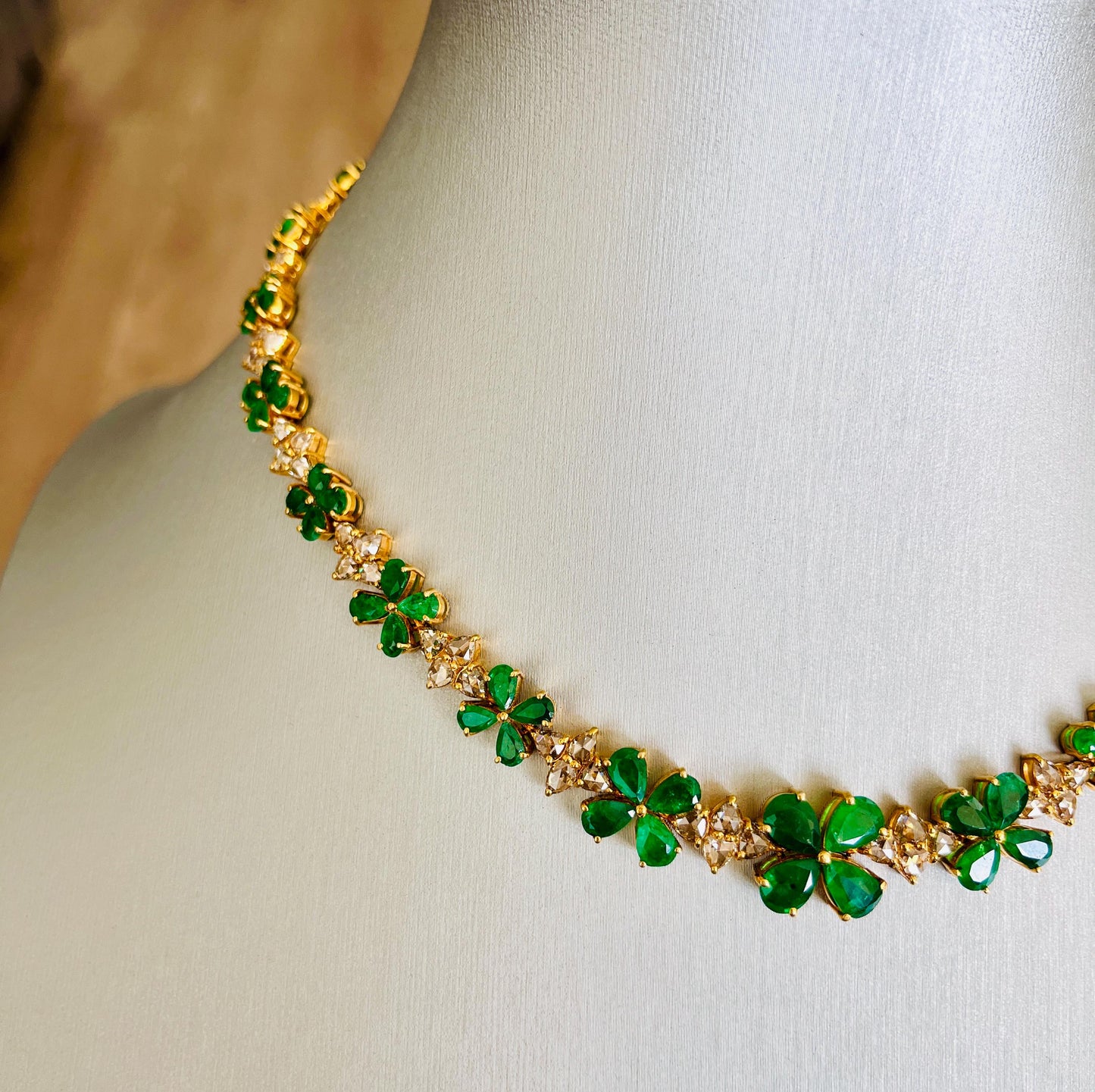 14k Gold Natural Zambian Emerald & Rose Cut Diamond Necklace - 15.6 Carats Emerald, 6.47 Carats Diamond Victorian Necklace