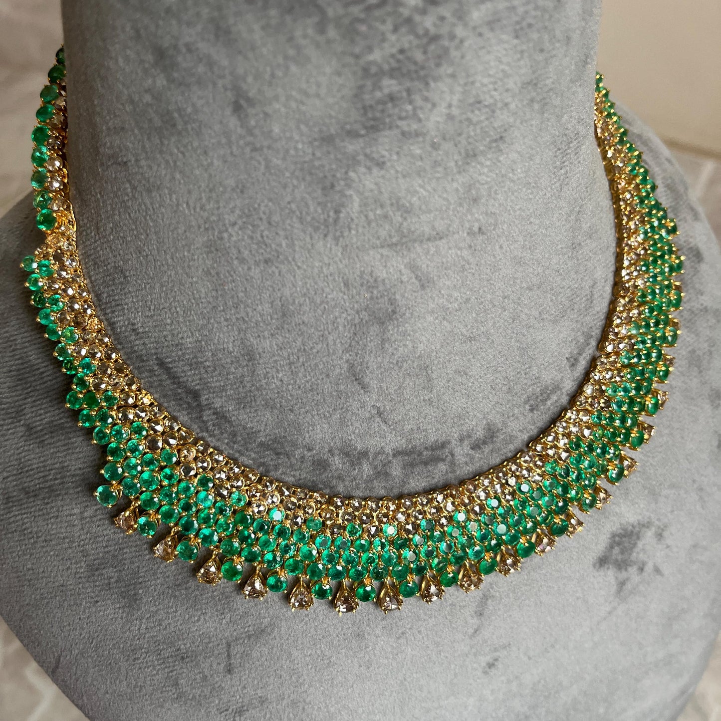 14k Gold Natural Zambian Emerald & Rose Cut Diamond Necklace - 50.6 Carats Emerald, 21.43 Carats Diamond Victorian Necklace