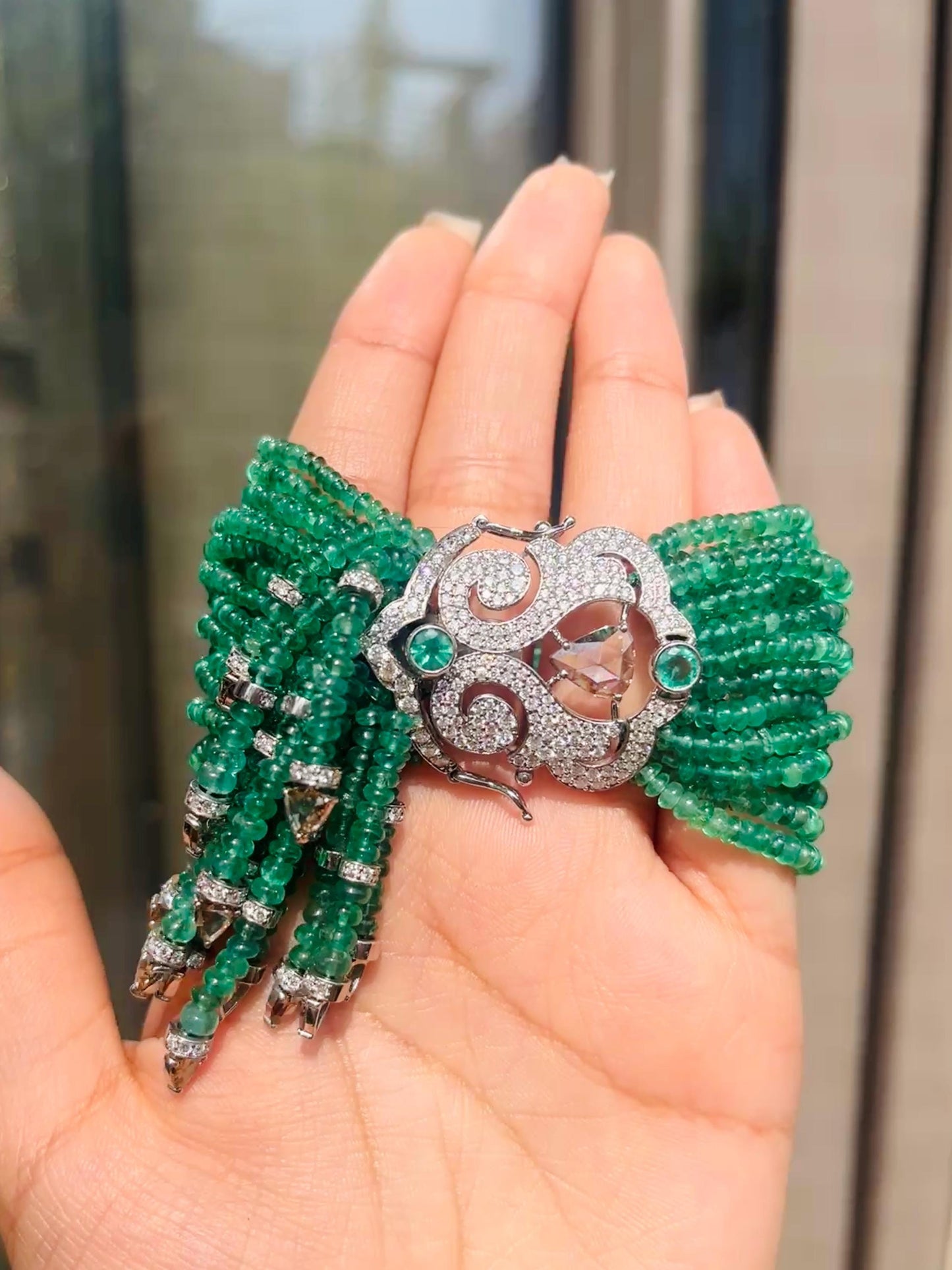14k Gold Natural Zambian Emerald & Diamond Bracelet - 185.1 Carats Emerald, 5.97 Carats Diamond Victorian Beaded Bracelet