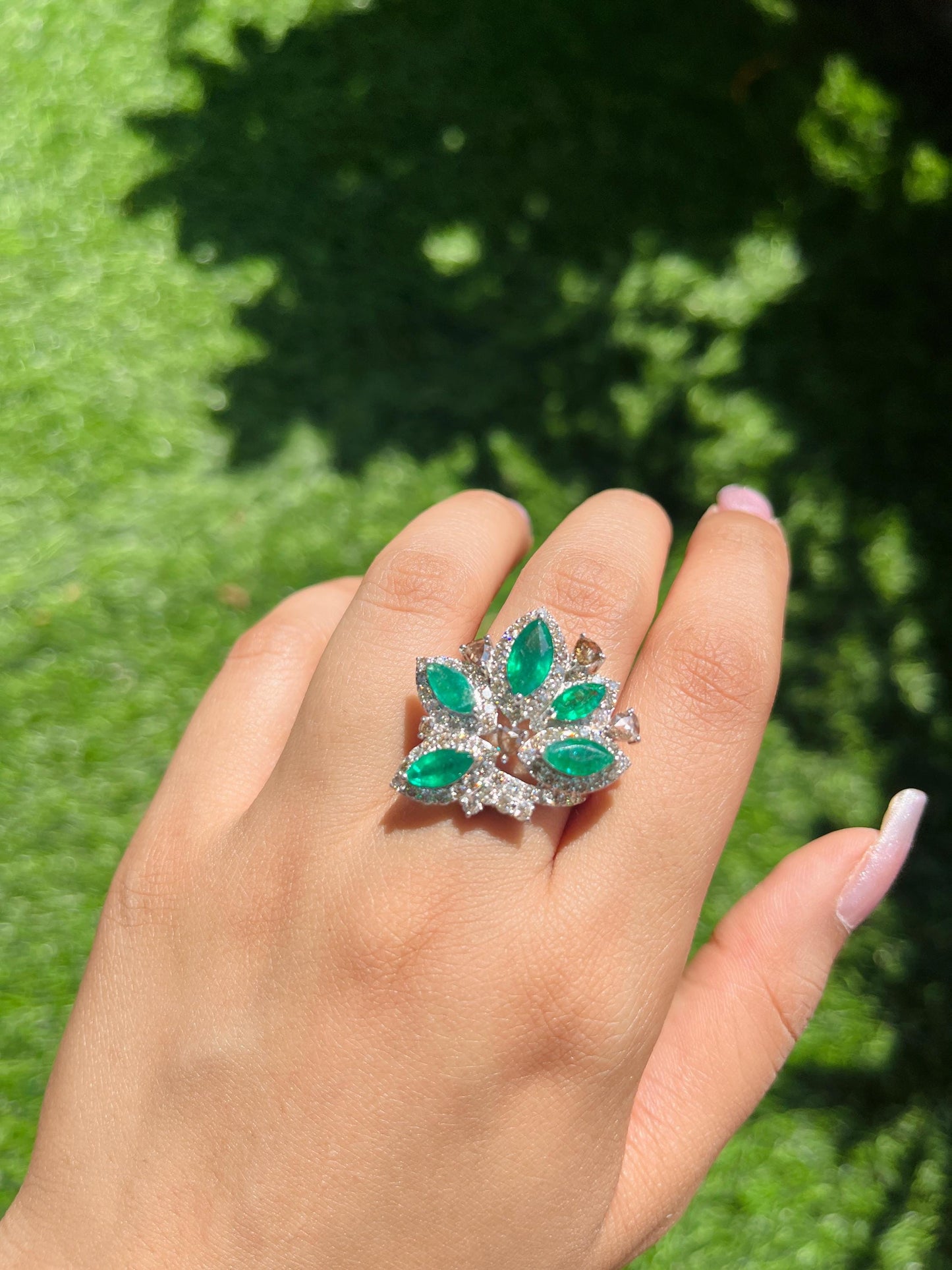 14k Gold Natural Zambian Emerald & Diamond Ring - 2.74 Carats Emerald, 1.93 Carats Diamond Art Nouveau Ring