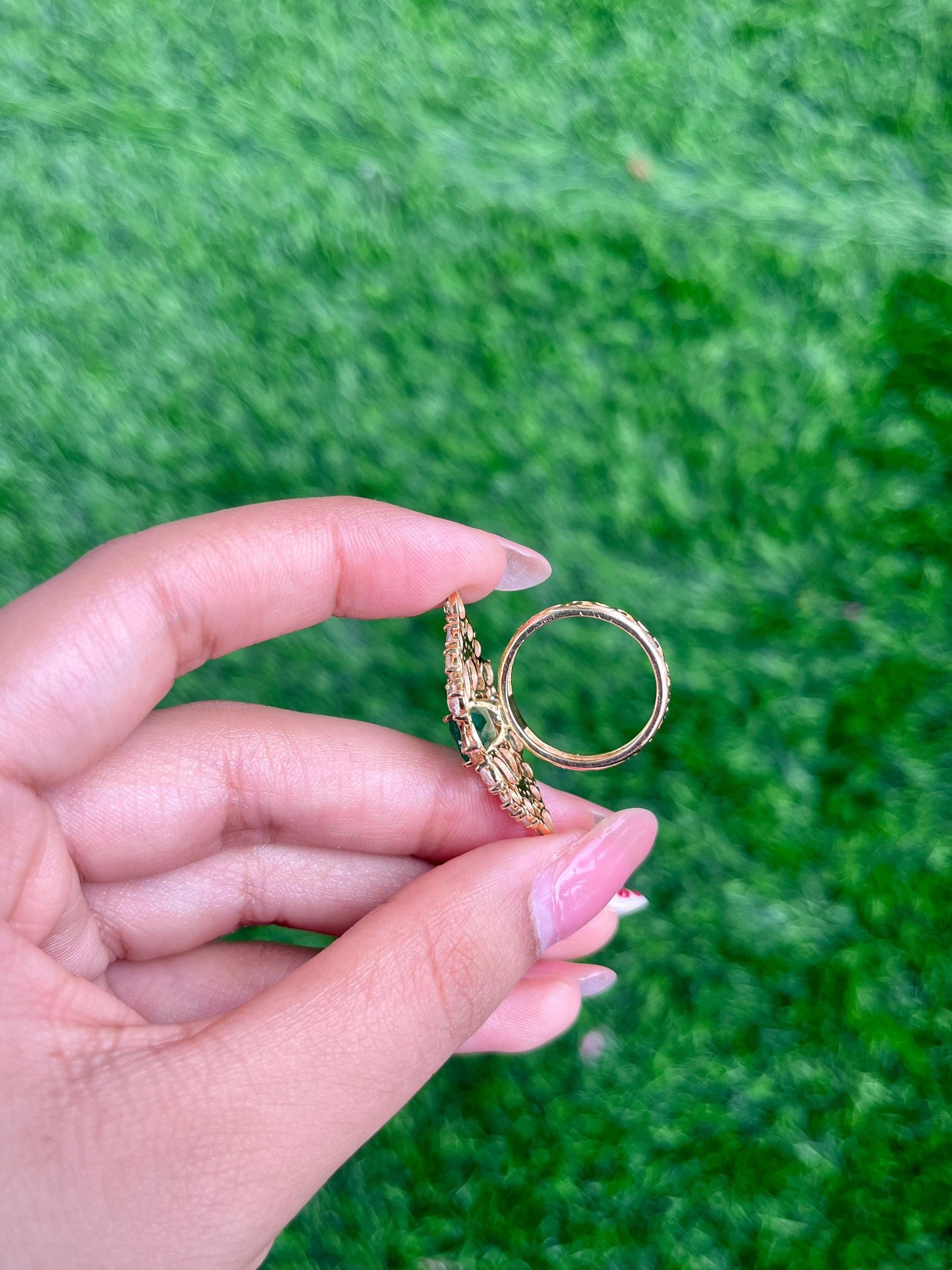 14k Gold Natural Zambian Emerald & Diamond Ring - 1.47 Carats Emerald, 2.69 Carats Diamond Art Nouveau Ring