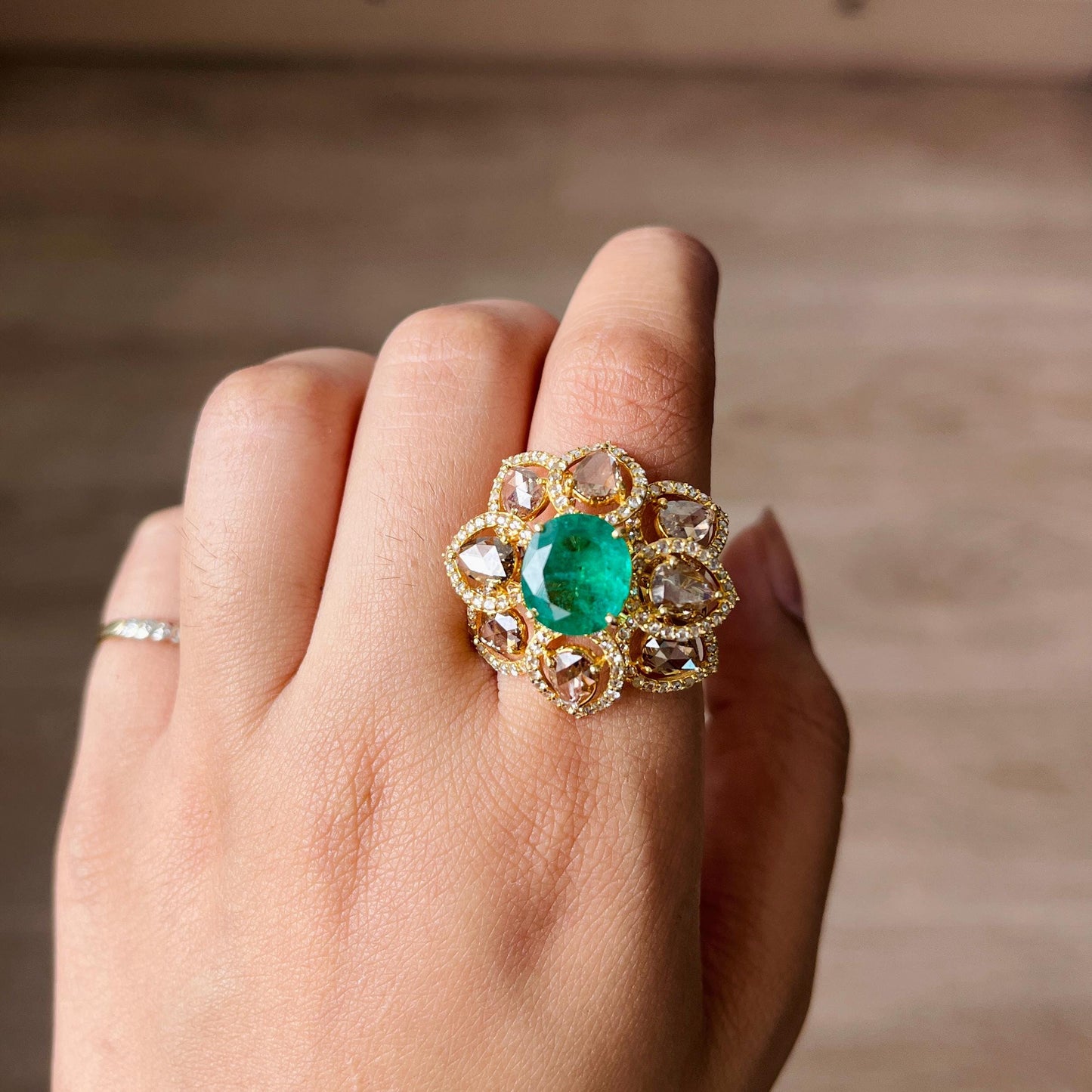14k Gold Natural Zambian Emerald & Diamond Ring - 3.06 Carats Emerald, 3.07 Carats Diamond Victorian Ring