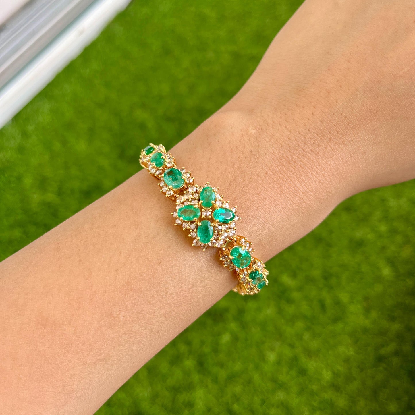 14k Gold Natural Zambian Emerald & Rose Cut Diamond Bracelet - 9.4 Carats Emerald, 4.35 Carats Diamond Art Deco Bracelet
