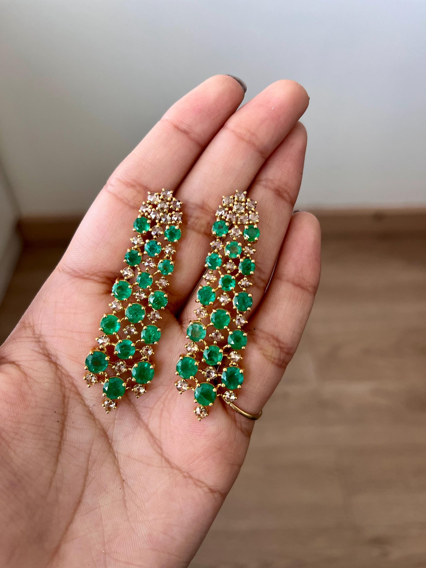 14k Gold Natural Zambian Emerald & Rose Cut Diamond Art Deco Earrings
