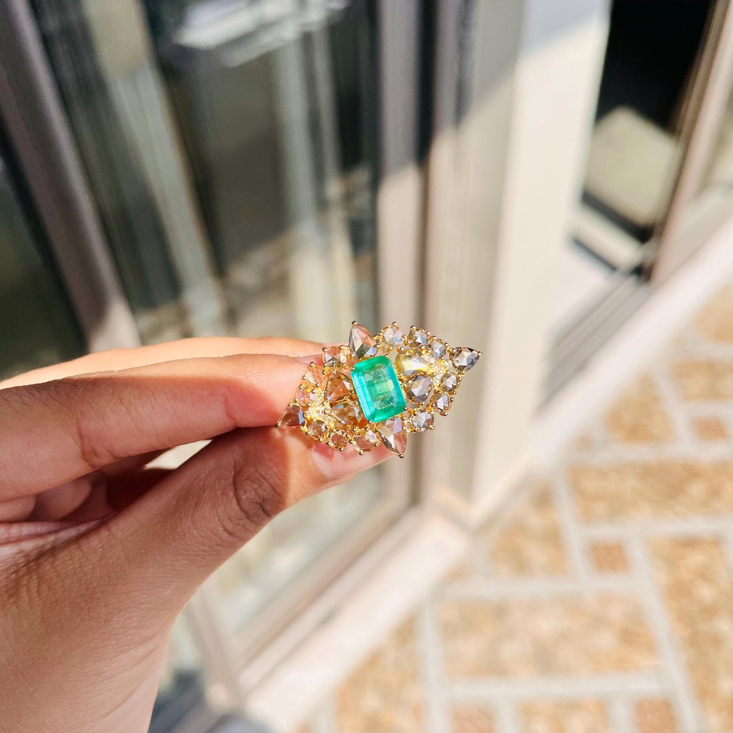 14k Gold Natural Zambian Emerald & Diamond Ring - 1.47 Carats Emerald, 2.69 Carats Diamond Art Nouveau Ring
