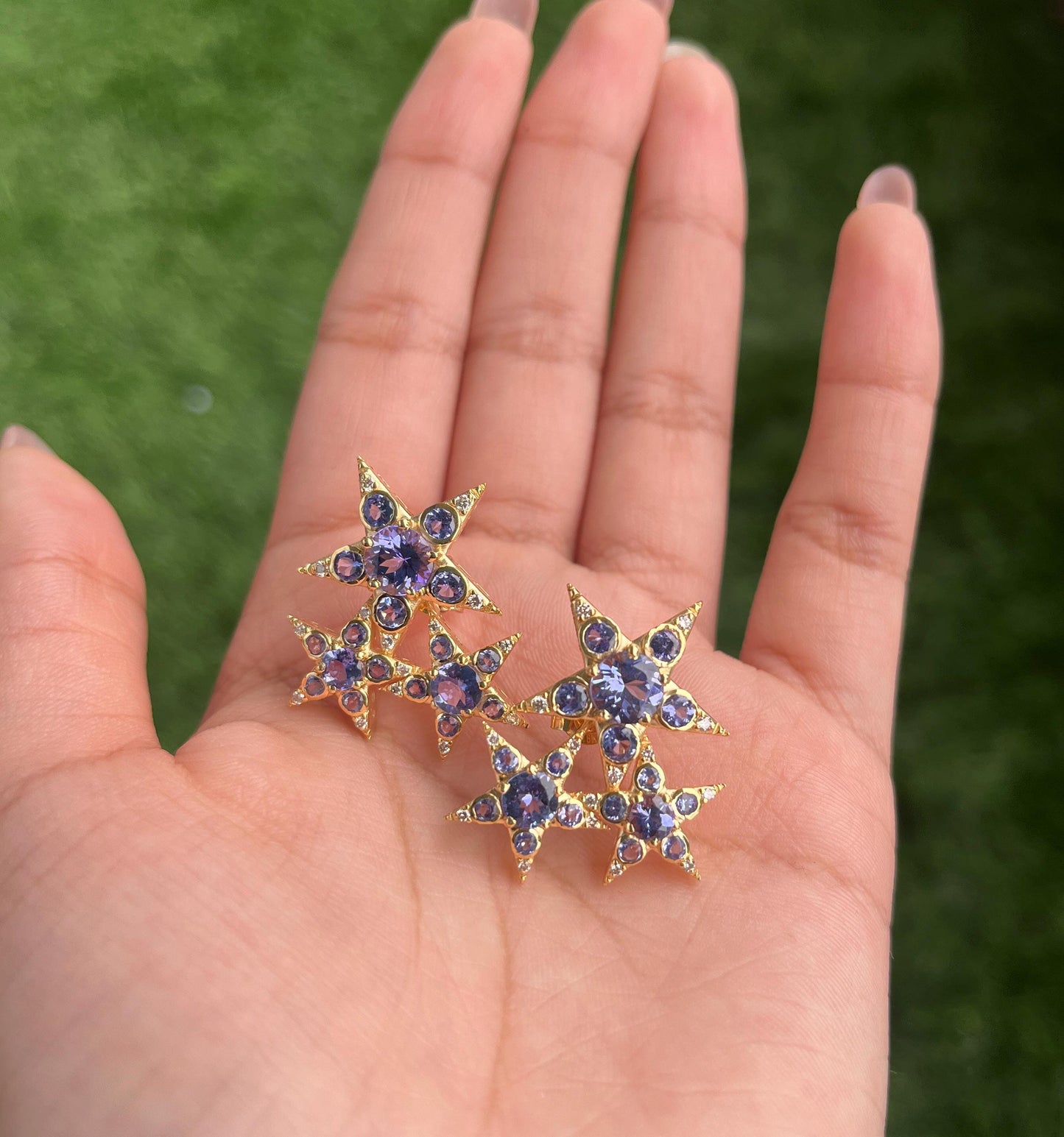 Solid Gold Natural Tanzanite & Diamond Star Victorian Stud Earrings