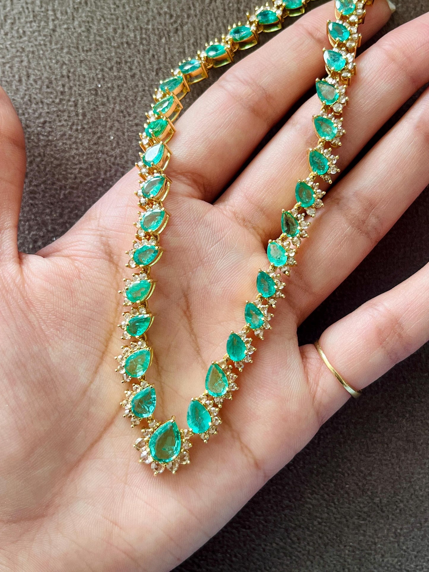 14k Gold Natural Zambian Emerald & Rose Cut Diamond Necklace - 15.74 Carats Emerald, 4.18 Carats Diamond Victorian Necklace