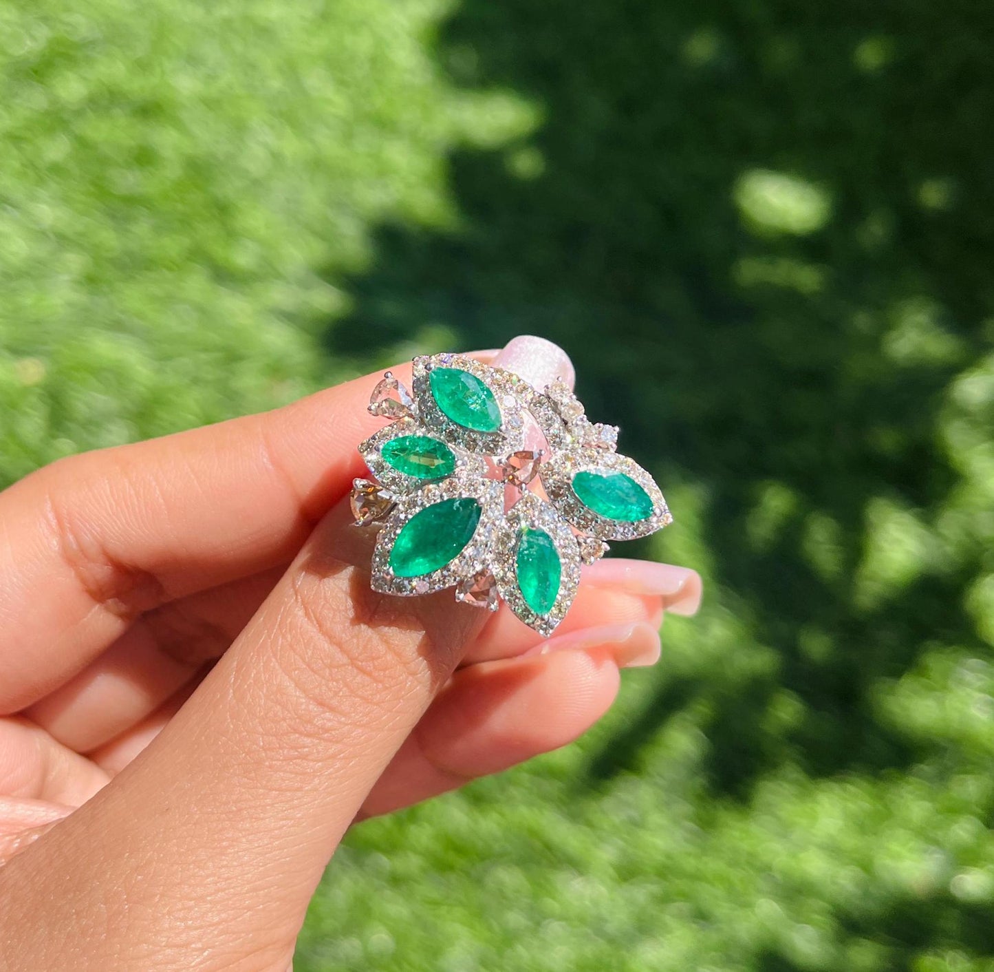 14k Gold Natural Zambian Emerald & Diamond Ring - 2.74 Carats Emerald, 1.93 Carats Diamond Art Nouveau Ring
