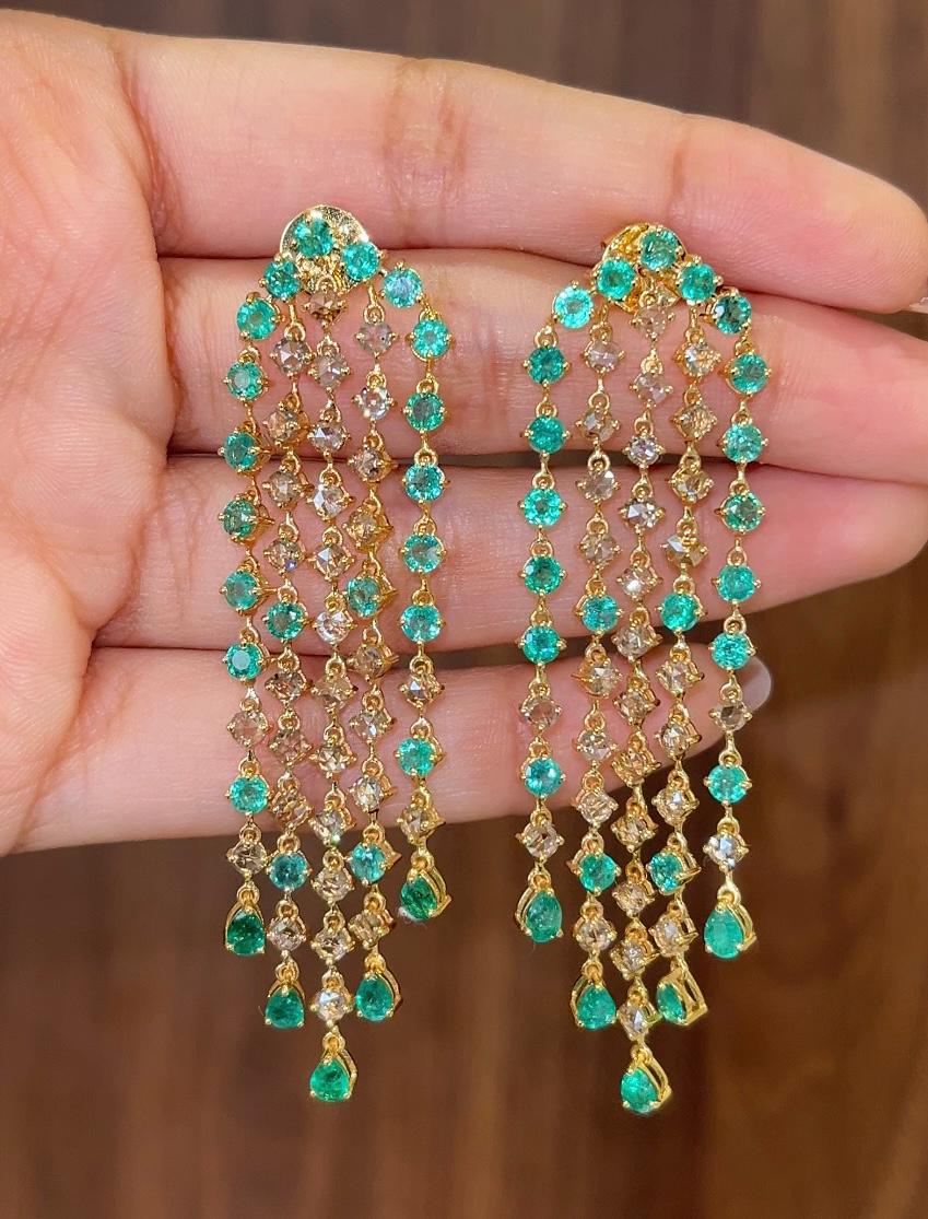 14k Gold Natural Zambian Emerald & Rose Cut Diamond Art Deco Earrings