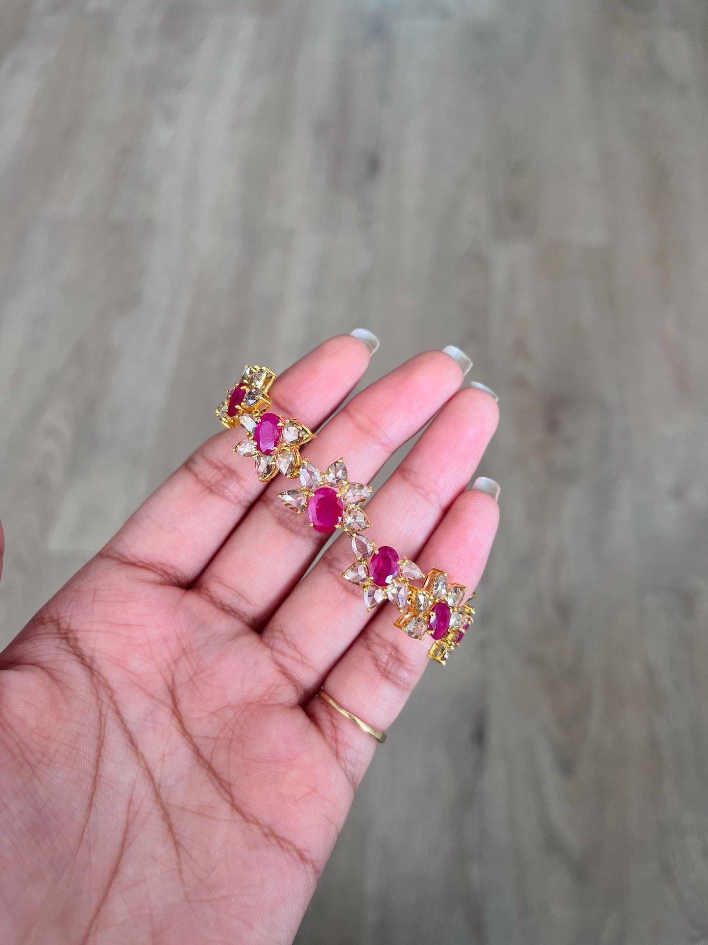 14k Gold Natural Ruby & Rose Cut Diamond Bracelet - 7.49 Carats Ruby, 9.03 Carats Diamond Art Nouveau Bracelet