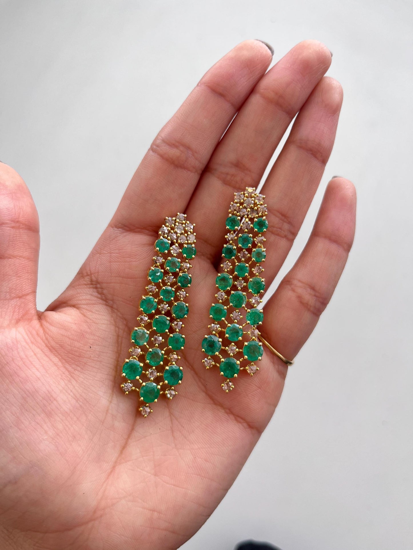 14k Gold Natural Zambian Emerald & Rose Cut Diamond Art Deco Earrings