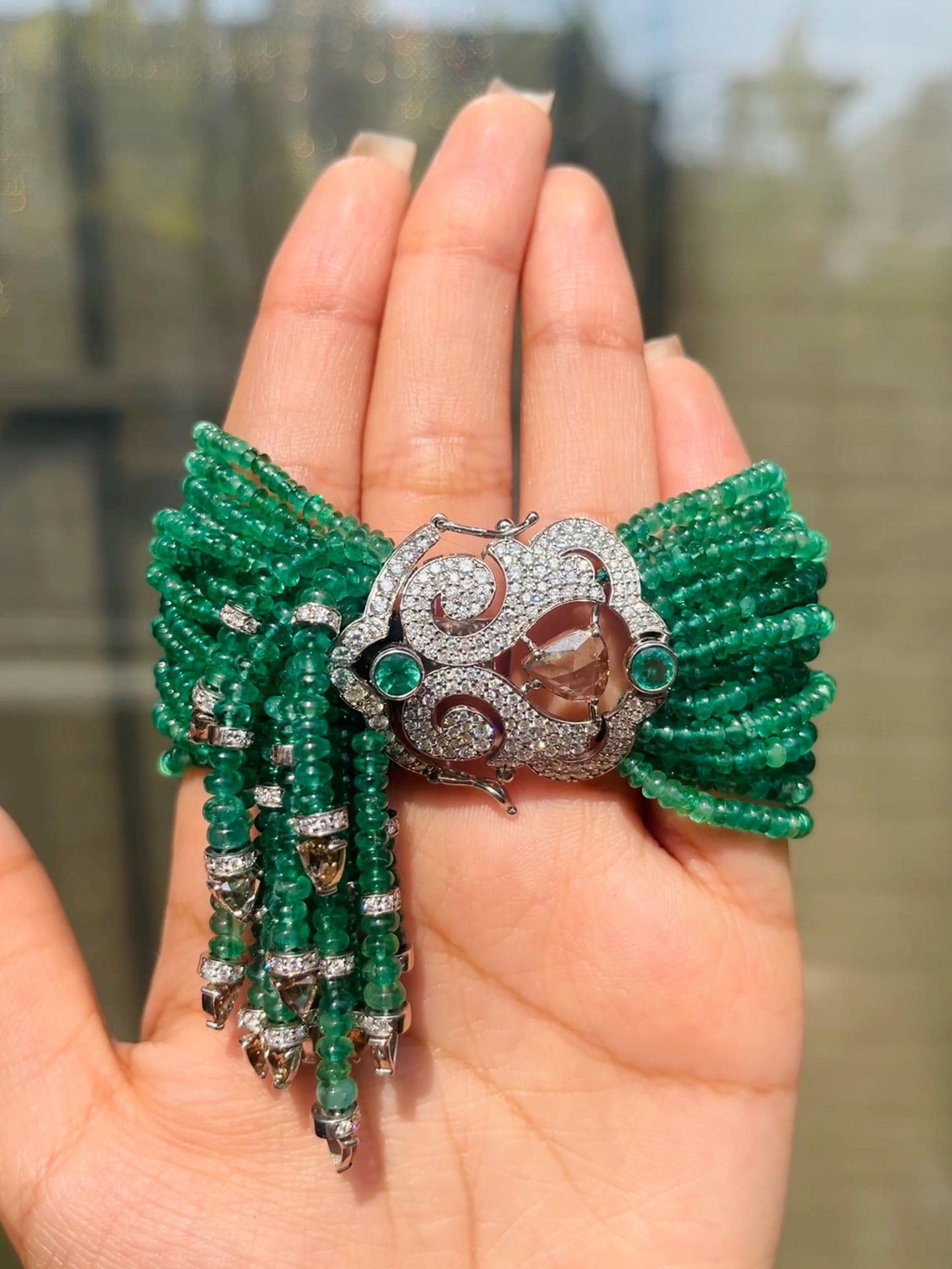 14k Gold Natural Zambian Emerald & Diamond Bracelet - 185.1 Carats Emerald, 5.97 Carats Diamond Victorian Beaded Bracelet