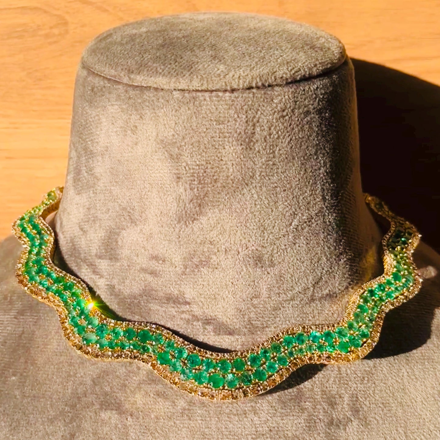 14k Gold Natural Zambian Emerald & Rose Cut Diamond Necklace - 41.23 Carats Emerald, 12.75 Carats Diamond Victorian Necklace