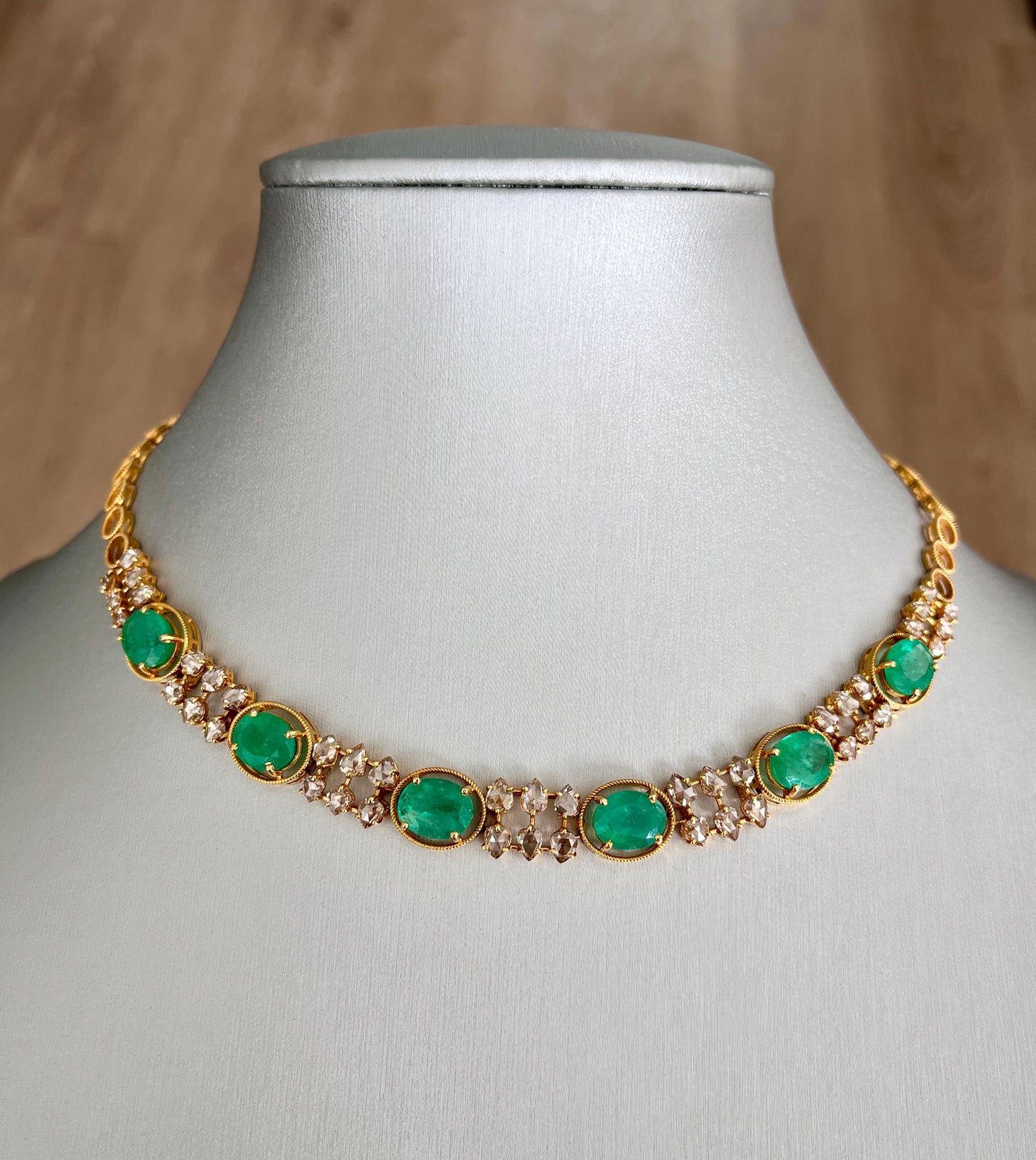 14k Gold Natural Zambian Emerald & Rose Cut Diamond Necklace - 15.41 Carats Emerald, 5.68 Carats Diamond Victorian Necklace