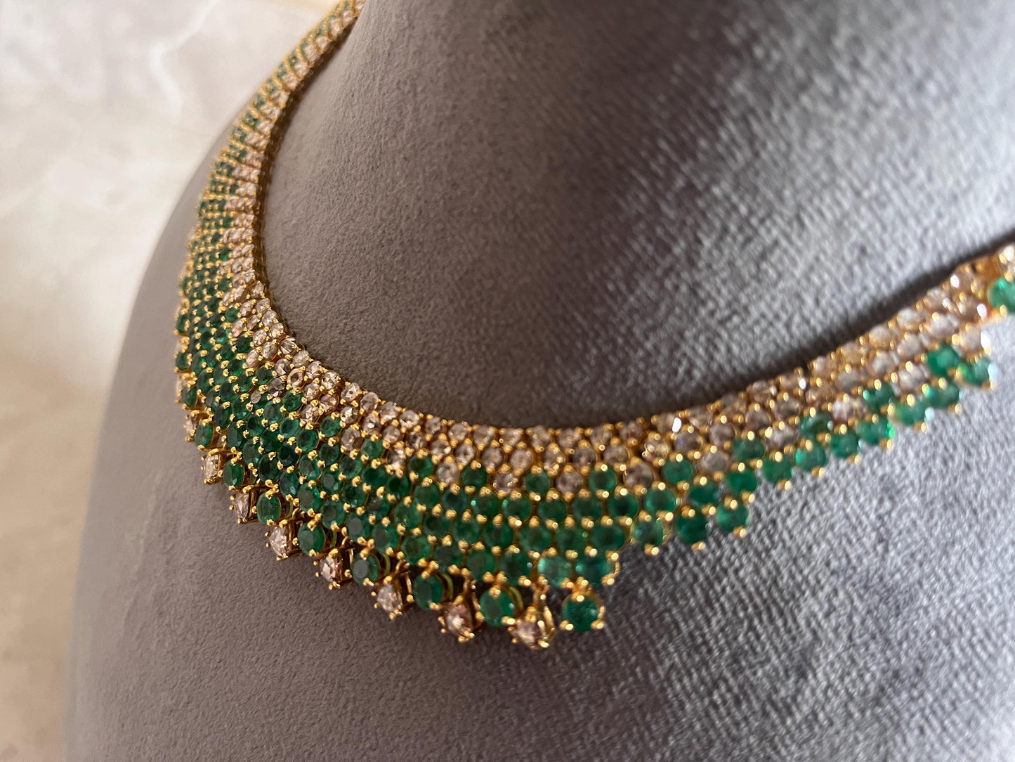 14k Gold Natural Zambian Emerald & Rose Cut Diamond Necklace - 50.6 Carats Emerald, 21.43 Carats Diamond Victorian Necklace