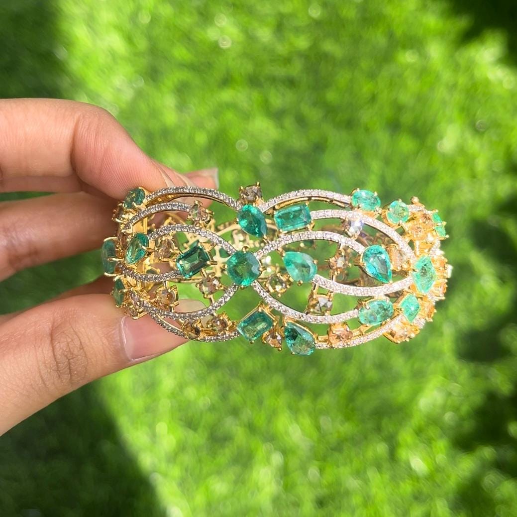 14k Gold Natural Zambian Emerald & Diamond Bracelet - 13.88 Carats Emerald, 7.62 Carats Diamond Art Nouveau Cuff Bracelet