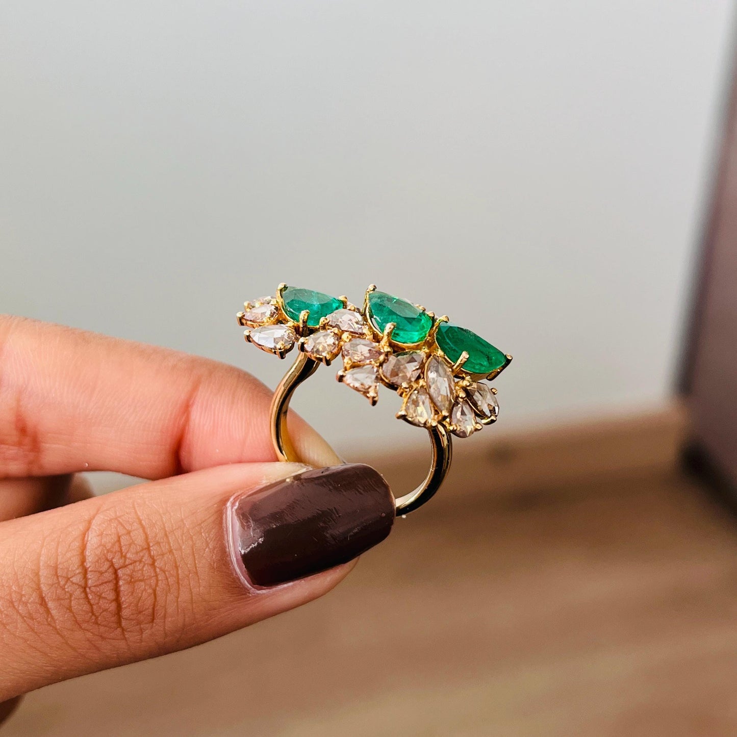 14k Gold Natural Zambian Emerald & Rose Cut Diamond Ring - 3.01 Carats Emerald, 2.1 Carats Diamond Victorian Ring